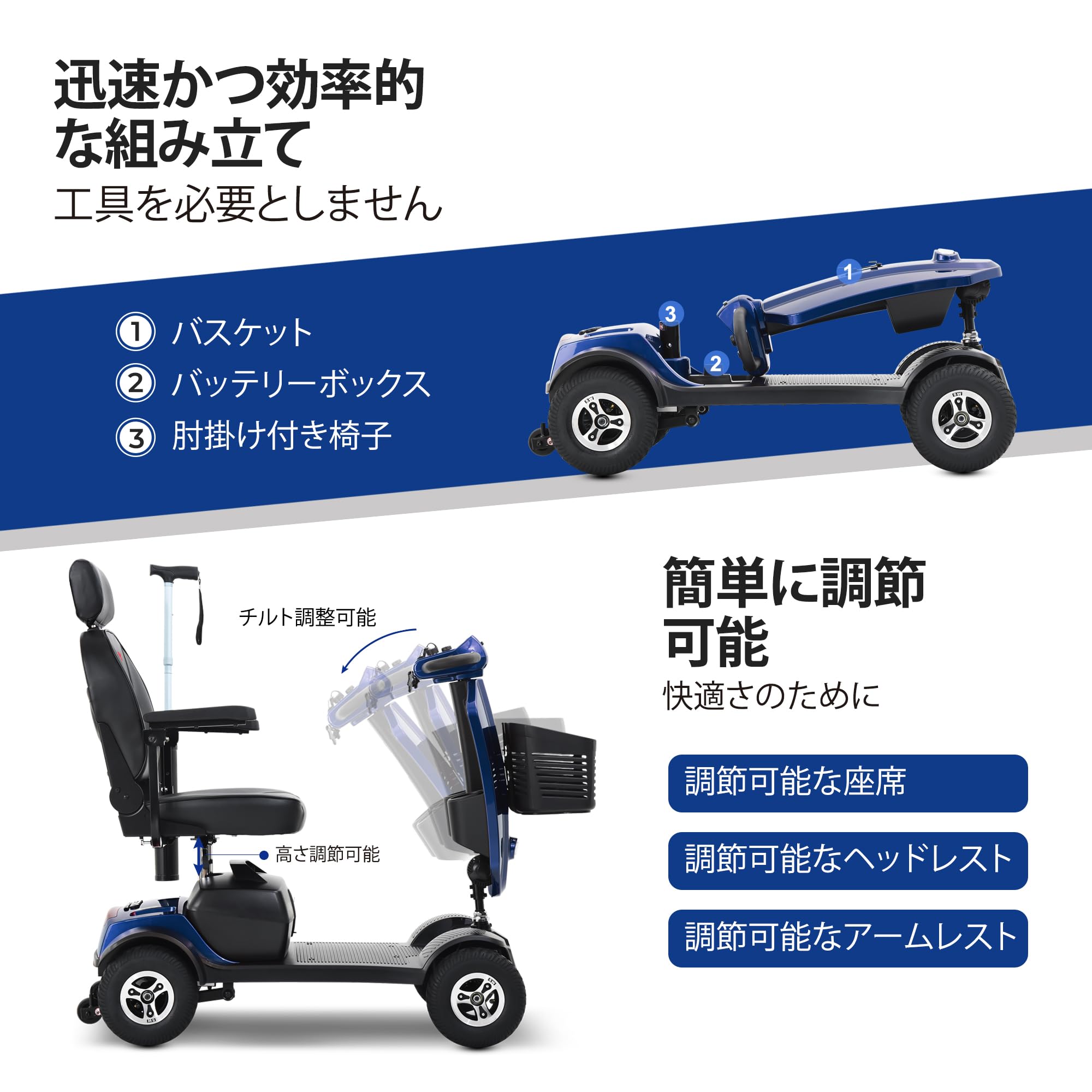 電動車いす4 輪モビリティスクーター 着脱式鉛蓄電池 250W 調整式シート Amazon | 電動車椅子 4輪スクーター 室内用 運転免許がいらないでも