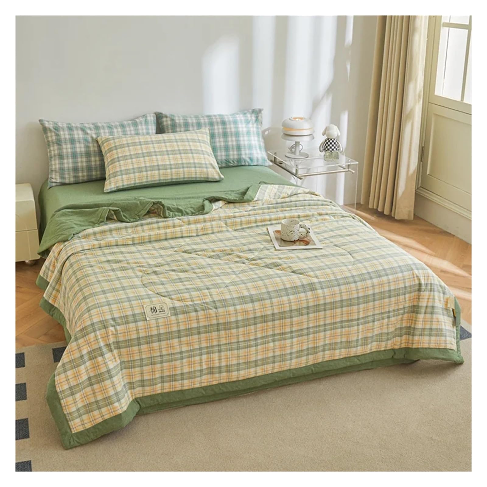 KHASCBNF Lightweight Duvet Cotton Summer Quilt Lightweight Breathable Bedding Minimalist Plaid Thin Comforter Air Conditioning(5,150x200cm(59x79inch))