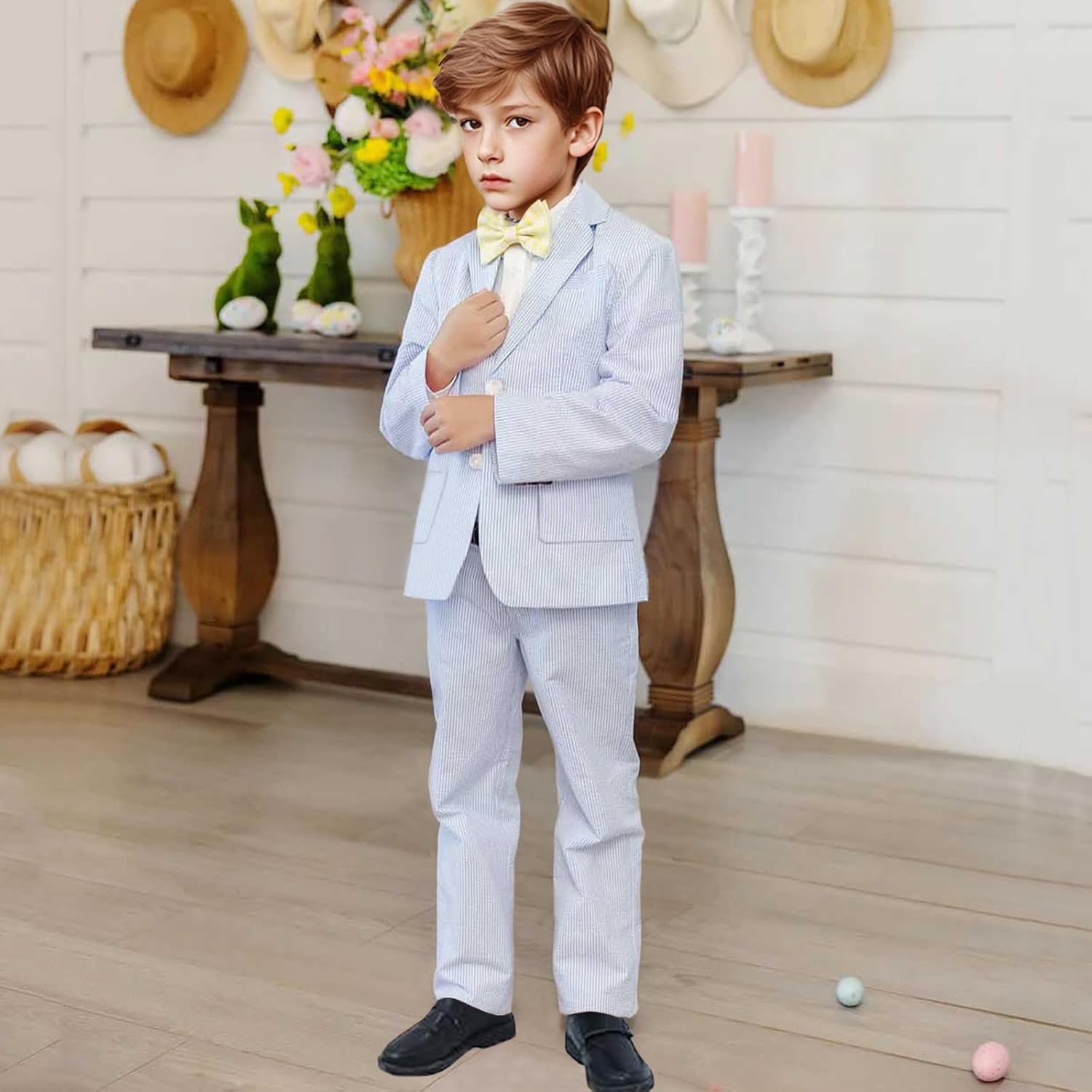 Boys Seersucker Suit 2 Piece Tuxedo for Boys Striped Blazer Pants Boys Summer Beach Wedding Suit (Light Blue,10 Years)