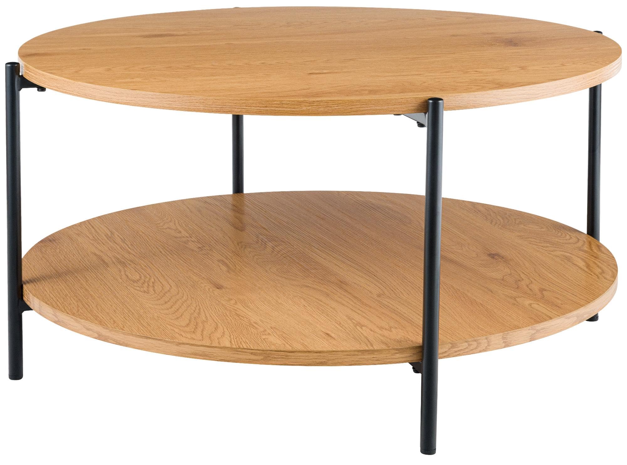 CLP Couchtisch rund Holz Edduma, Sofatisch 2 Ebenen mit Stauraum, Beistelltisch klein Metallgestell schwarz, Farbe:Natur, Größe:Ø 80 cm