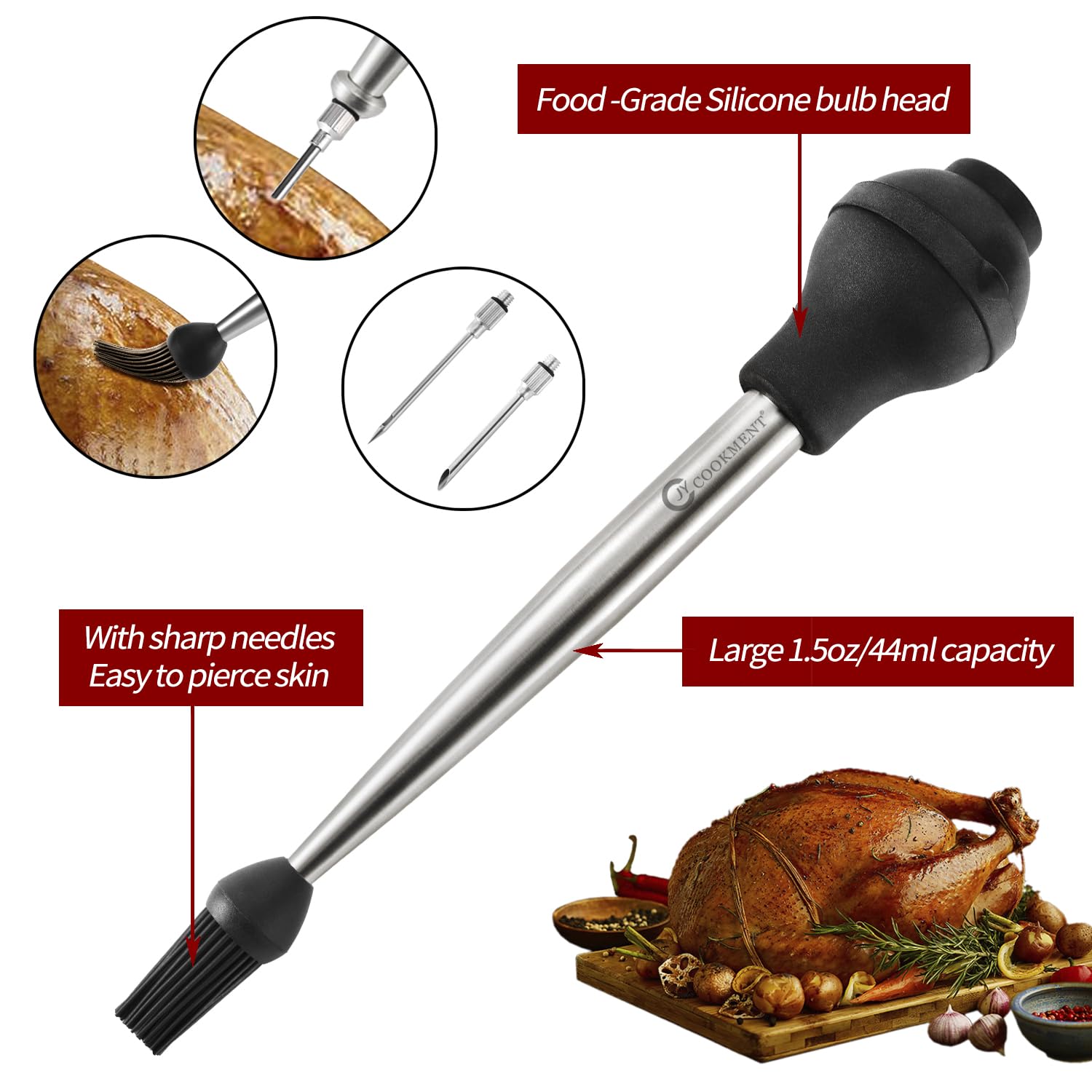 JY COOKMENT Juego de jeringas de acero inoxidable para cocinar carne con 2 agujas de adobo, 1 cepillo para untar, 1 cepillo de limpieza, herramienta de cocina para hornear en casa, actualización 2023