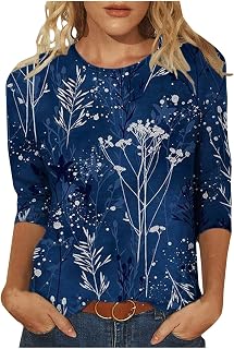 ZzCityTK Ladies Tops Clearance Ladies Spring Summer Party Elegant Marble Printed Fashion Tops for Work Office O-Neck Mid-Length 3/4 Sleeves Crew Neck Blouse Baggy Christmas Vintage Tunic