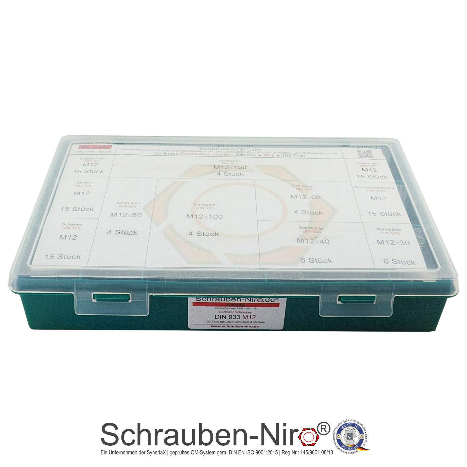 Sortiment M12 DIN 933 Edelstahl A4 (V4A) Sechskantschrauben mit Gewinde bis Kopf - Set bestehend aus Schrauben, Unterlegscheiben (DIN 125, 127, 9021) und Muttern (DIN 934, 985) - 103 Teile