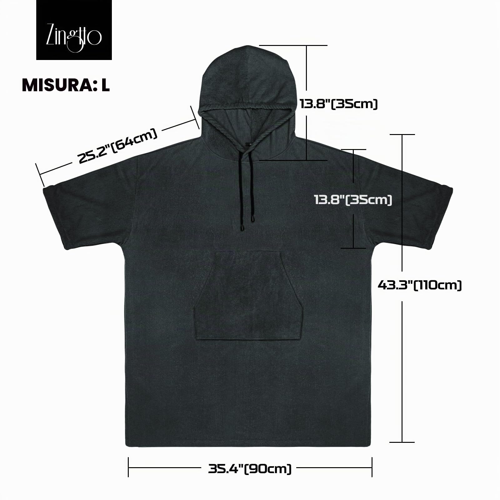 Poncho da surf, accappatoio con maniche a 3/4, extra large, spesso, con cappuccio, per uomo e donna, per spiaggia, nuoto, 109,2 x 89,9 cm, nero