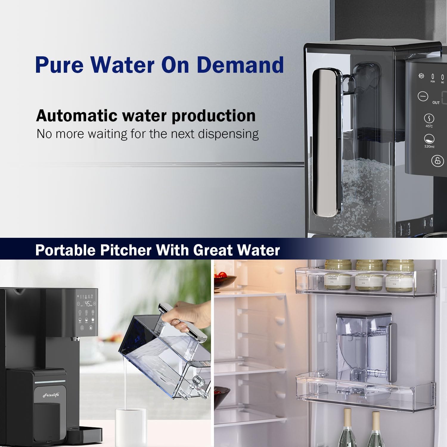 Frizzlife WB99-H Système d'osmose inverse de comptoir, distributeur d'eau chaude instantanée, Eau alcaline avec pichet, éléments certifiés NSF/ANSI 58, température & volume réglables, surveillance TDS