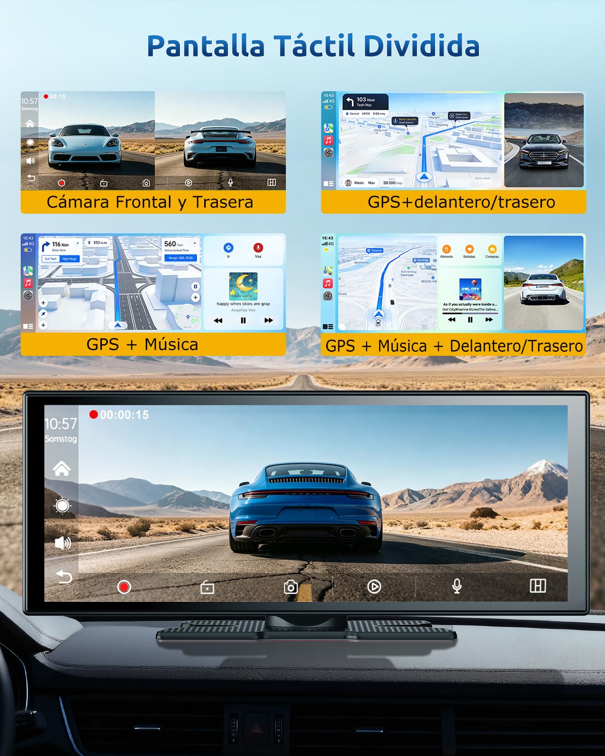 ESSGOO Pantalla Coche 11 Pulgadas con Carplay y Android Auto Inalámbrico con 4K Cámara Frontal Giratoria de 360°,Trasera 1080P,IPS Táctil,Bluetooth 5.3,Mirror Link,Control por Voz
