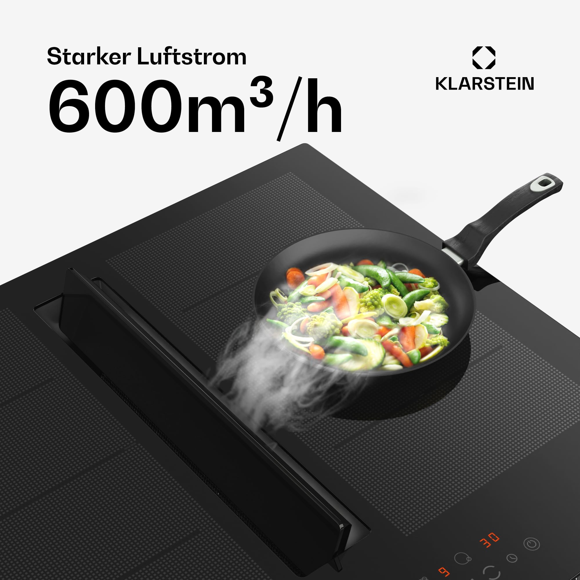 Klarstein Chef-Fusion Induktionskochfeld Mit Dunstabzug - 60 cm, 600 m³/h, 6400 W, Flexzone, Energieeffizienz A, Touch-Bedienung, Platzsparend, Schwarz, Induktionskochplatte