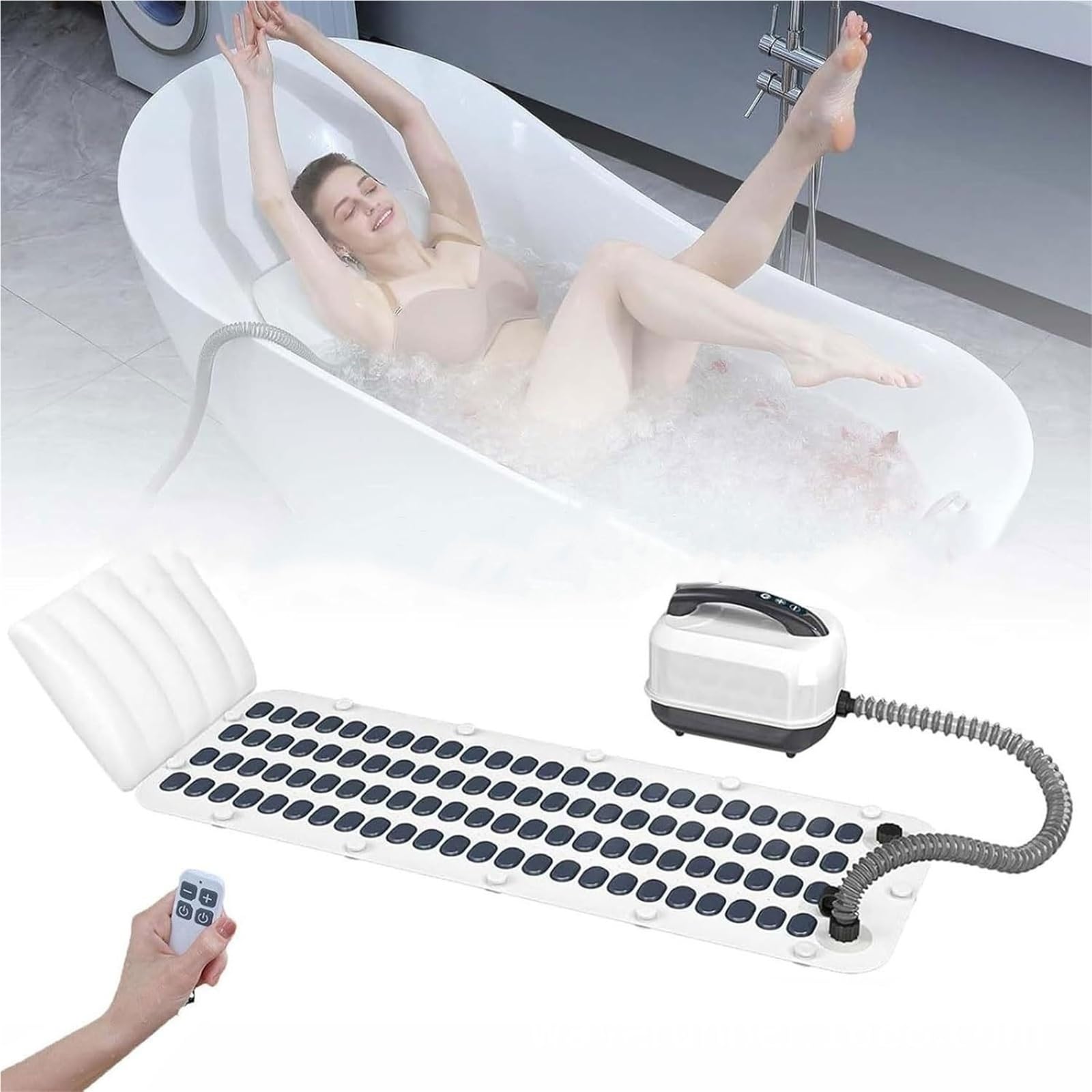 Masajeador de Bano de Burbujas SPA Portatil con Control Remoto Inalambrico Alfombra de Banera Electrica Impermeable Antideslizante 6 Velocidades Burbujas Olas Relax