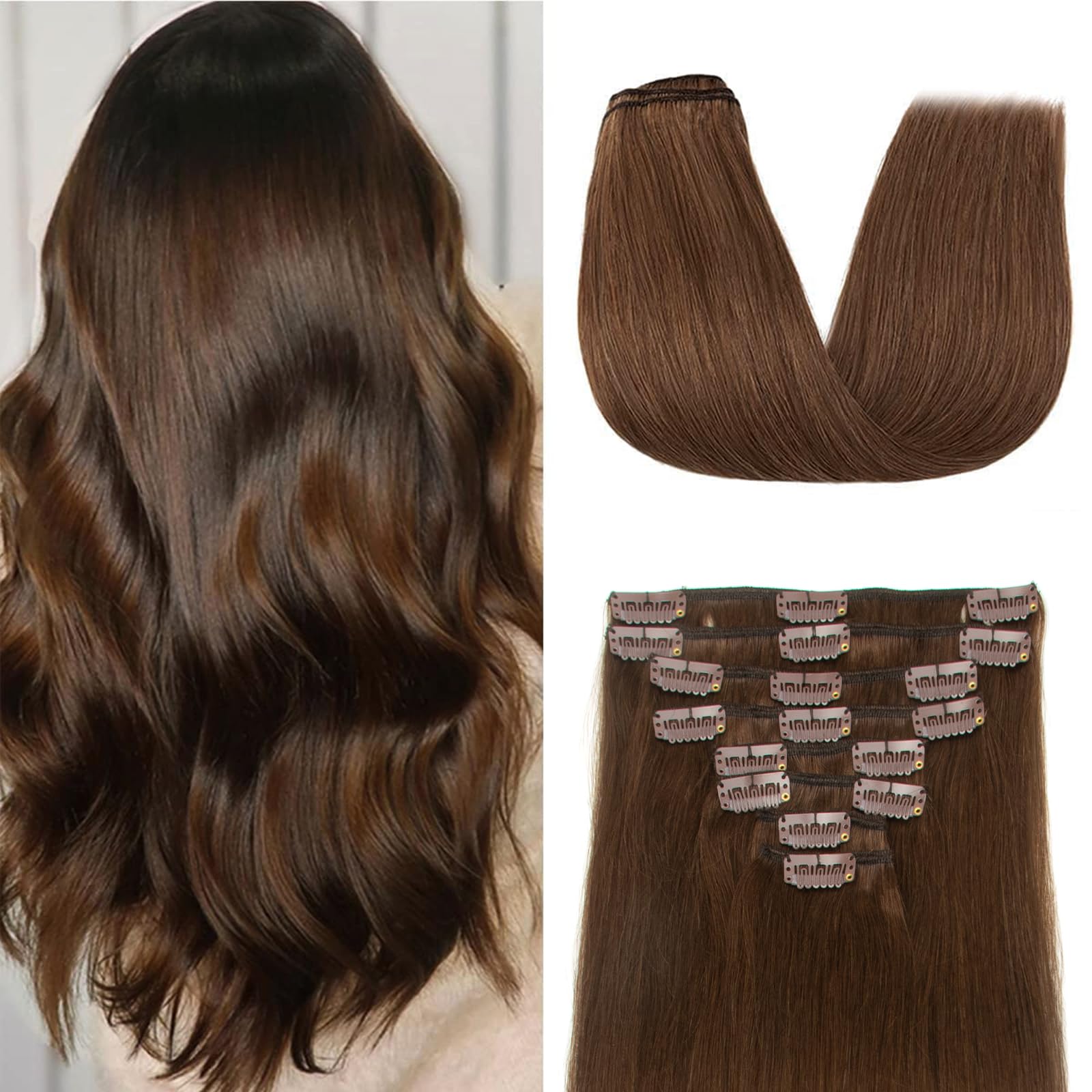Medium Brown Clip in Hair Extensions Real Hair Extensions Clip in Human Hair for Women Invisible Straight Seamless Clip ins Extensions Human Hair 8pcs Double Weft 70g (#4, 20 Inch)