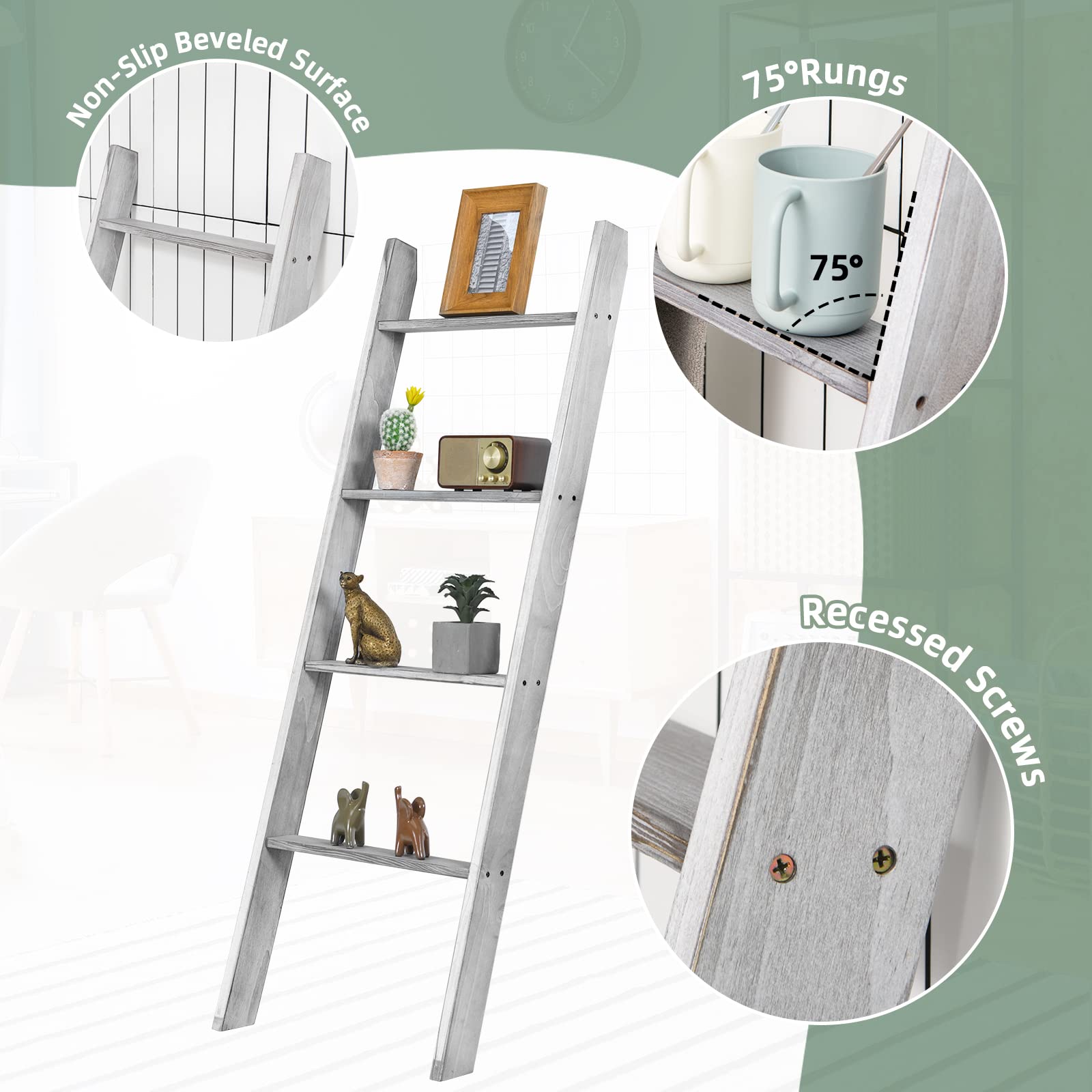 GIANTEX Toallero Escalera de Baño con 4 Barras para Colgar Toallas y Ropas, Estantería contra la Pared, 50 x 50,5 x 128,5 cm, Toallero de Madera 4 Niveles para Baño, Salón, Dormitorio (Gris)
