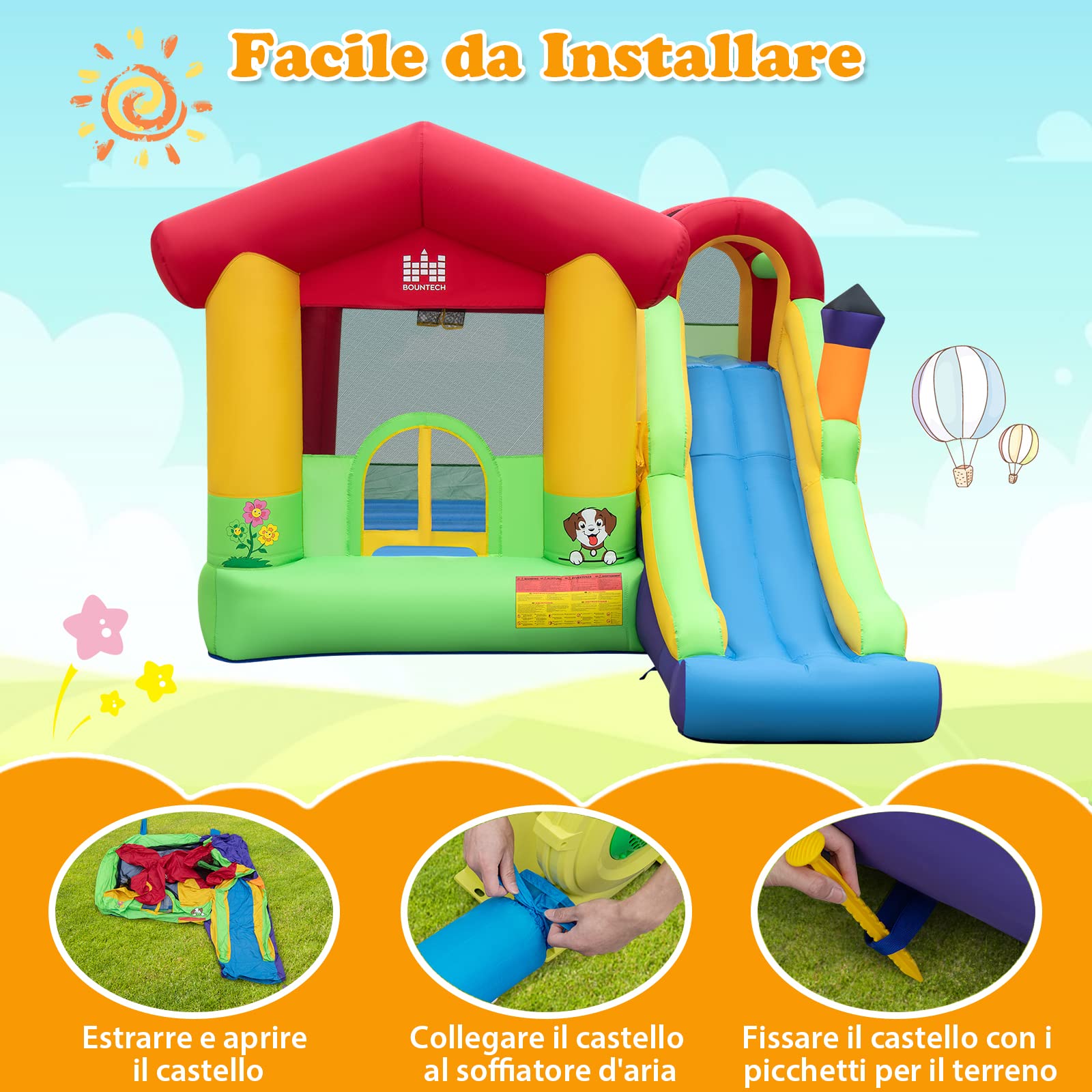 COSTWAY Castello Gonfiabile per Bambini, Casa Gonfiabile con Scivolo, Trampolino e Canestro da Basket, 50 Palline Colorate e Soffiatore, Con Borsa di Trasporto e Kit di Riparazione, 325 x 290 x 205 cm