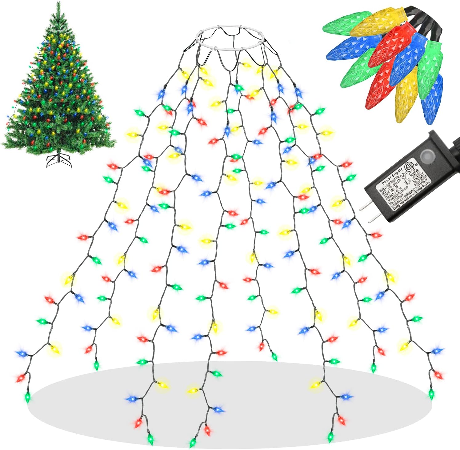 Christmas Tree Lights, Strawberry C6 Christmas Lights with 8 Modes & Memory Function 6.6FT x 8 Lines Ultra-Bright 160 LEDs Waterproof Fairy String Light for 5 - 8ft Xmas Tree Indoor Outdoor Decoration