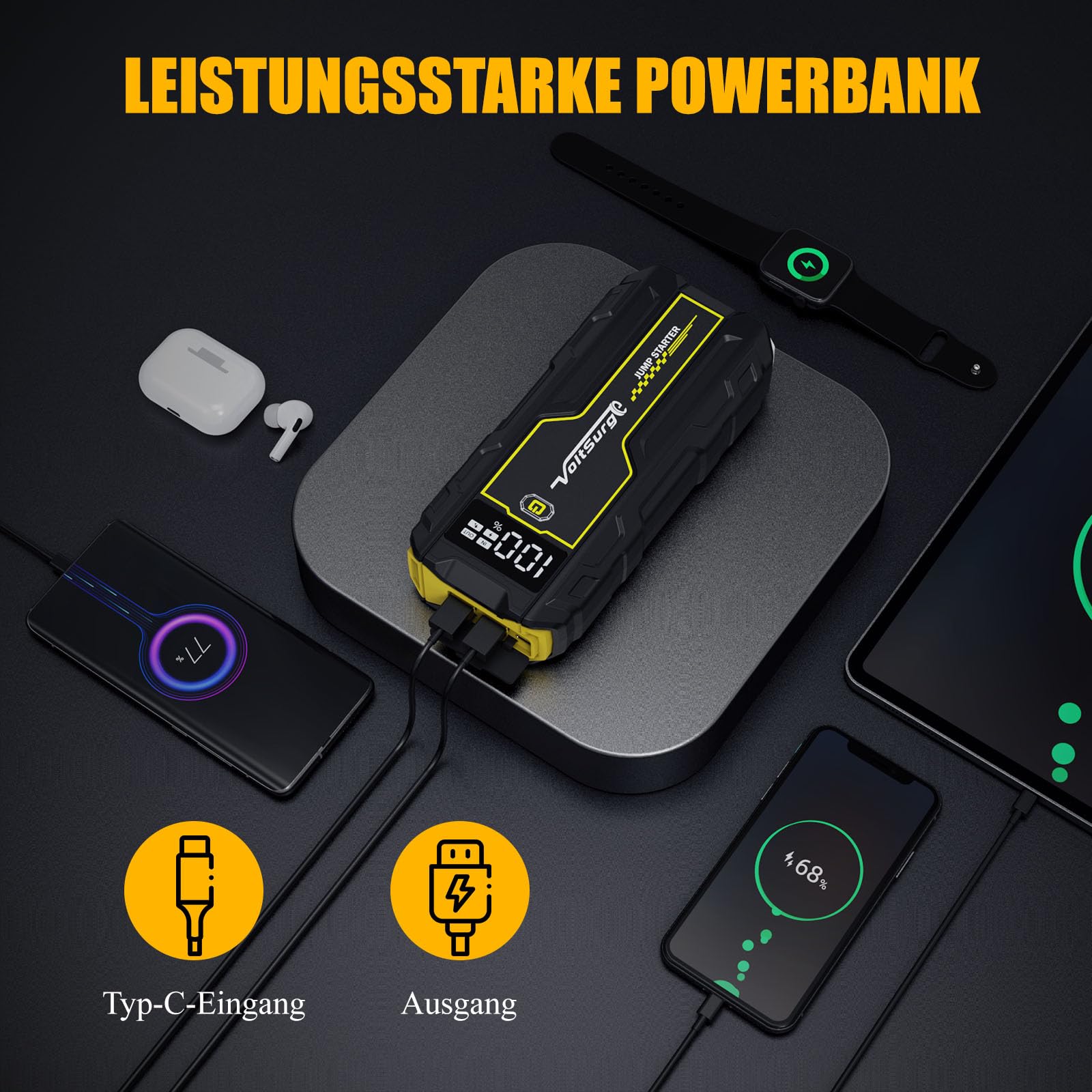 Car Jump Starter, VoltSurge 6000A Jump Box (Up to 8L Diesel or All Gas) 12V Portable Booster Battery Starter QC3.0 Jump Starter LED Torch, USB Connection for Smartphone