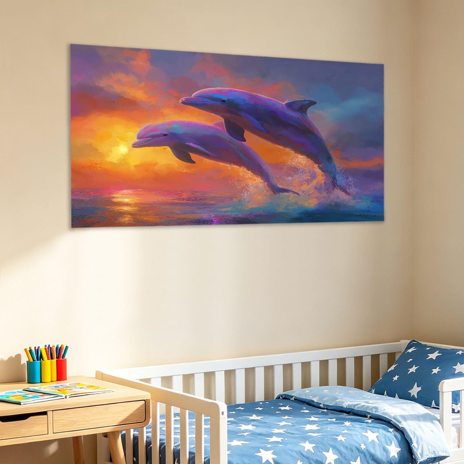 Stampa su tela, 90 x 60 cm, motivo oceano tramonto, stampa artistica da parete su tela, decorazione per camera da letto, regalo, delfino