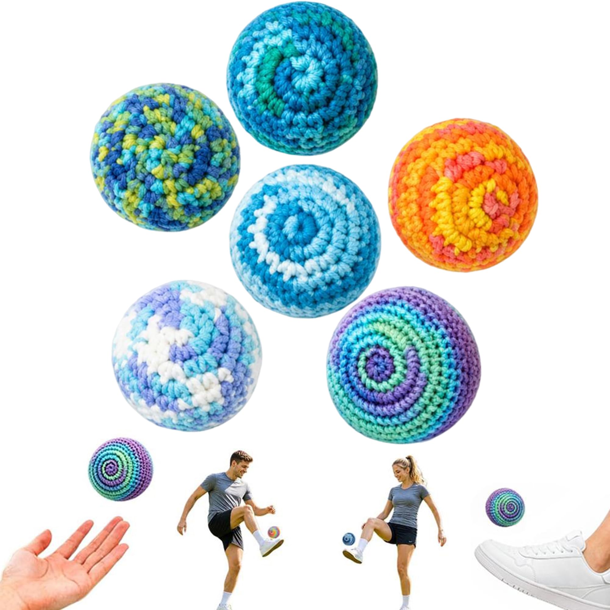 6 Pack Handmade Knitted Footbag Sacks for Adults - 2 Inch Crochet Juggling Balls, Vibrant Gradient Hacky Kick Sack Set for Coordination Training and Outdoor Game Play