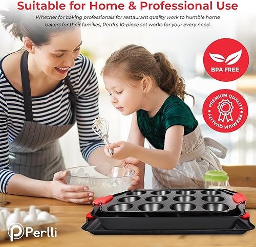 Miniatura 5 de PERLLI Juego de 6 moldes antiadherentes para hornear, acero al carbono sin BPA con asas de silicona, juego de horno de cocina apilable, bandeja para