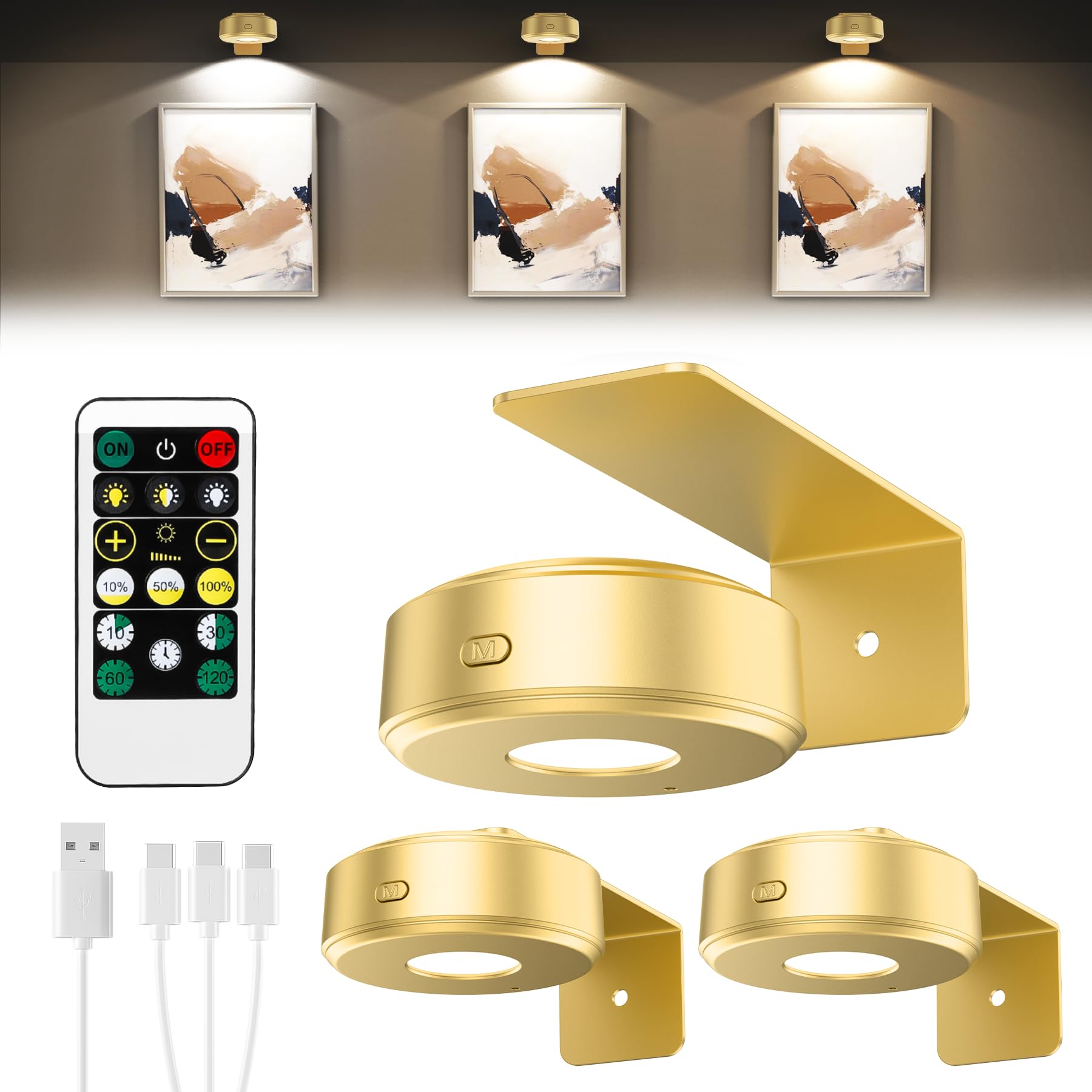 Lightbiz Bilderleuchte Kabellos, Bildbeleuchtung Akku mit Fernbedienung & Timer, Dimmbar mit 3 Farbtemperaturen, Bilderlampe für Bilderrahmen, Picture Light für Kunstwerke, Vitrinen & Regal-Gold