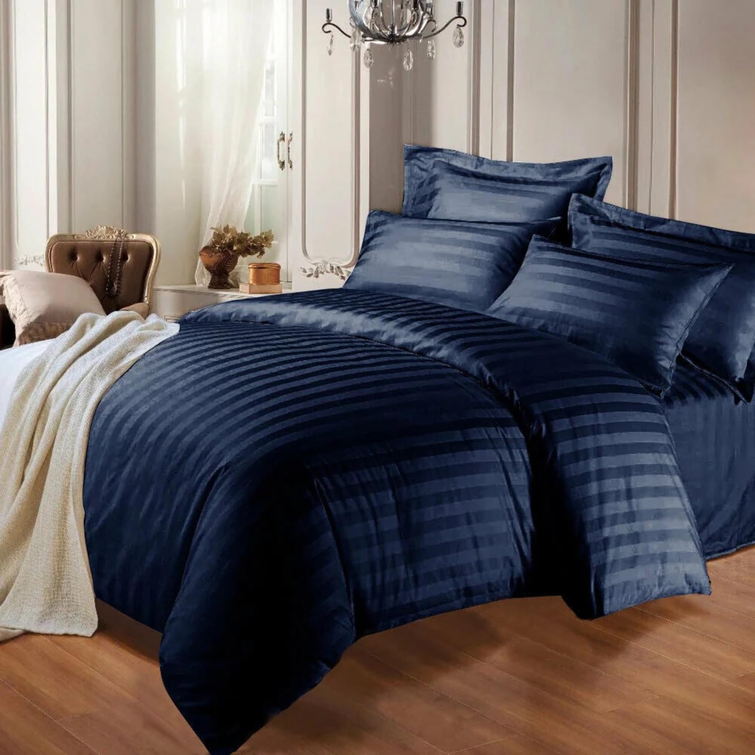 Opulent Living Duvet Cover Set With Pillowcases, Soft Egyptian Cotton Microfiber Bedding Set, Striped Quilt Cover Set, Breathable Easy Care Double Bedding Set - Double Navy