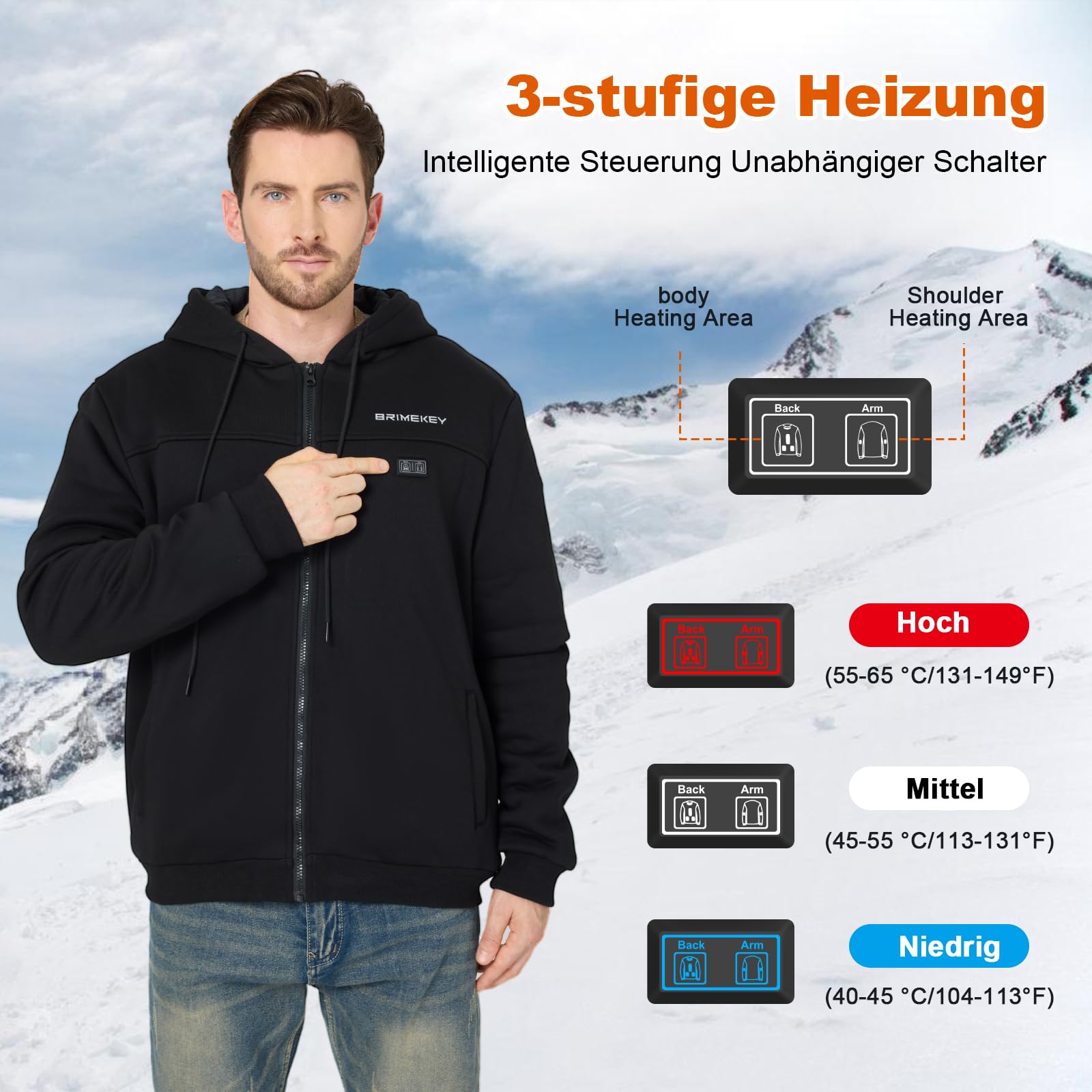 Reißverschluss Pullover Beheizbarer Hoodie mit Fleecefutter für Herren & Damen, 7.4V 20000mAh Akku - 6-Zonen Smart Heizjacke, 3 Heizstufen für Outdoor, Camping, Wandern