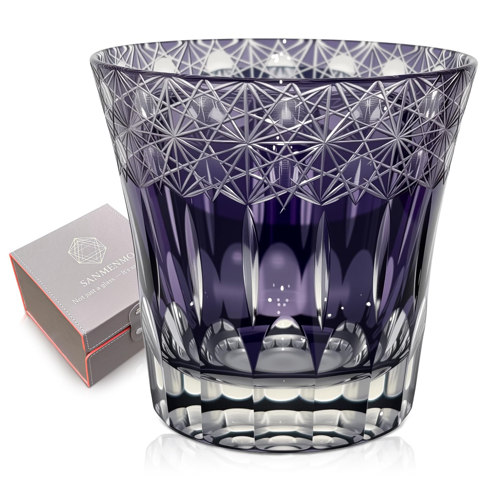 SANMENMO Edo Tokyo Kiriko Whiskey Glasses- Japanese Style Luxury Handcrafted High Transparency Crystal Royal Lucky Purple Crystal Cocktail Tumbler- Gift for Men, Scotch,Wine and Rum Lovers-1 Cup