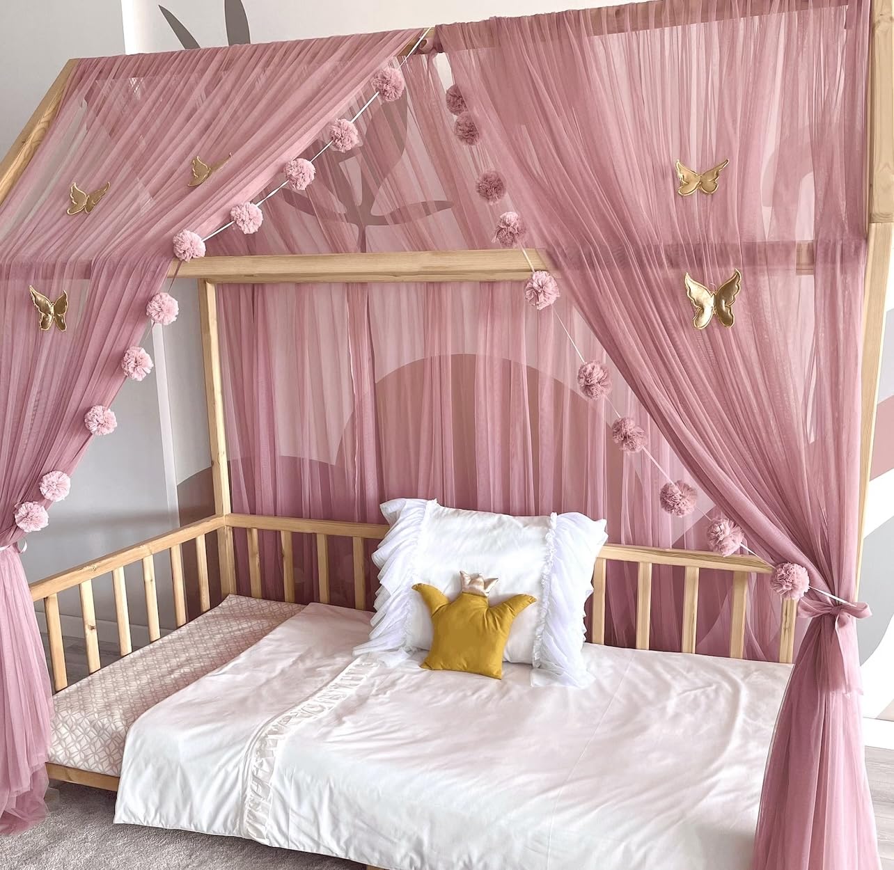 Baby Fancyroom Hausbett Himmel Betthimmel für Kinderbett Kinderzimmer Baldachin Bettvorhang Betthimmel für Mädchen Prinzessin Zimmer (Altrosa, 340cm, mit Pompomgirlande)