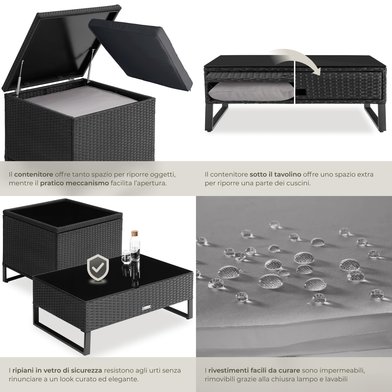 tectake® Salottino in Rattan Ostuni, Set da Giardino con 2 Sofà e 1 Tavolo con Lastra in Vetro, Box Contenitore, Cuscini Spessi, Telaio in Acciaio, Intreccio in Polyrattan - Nero