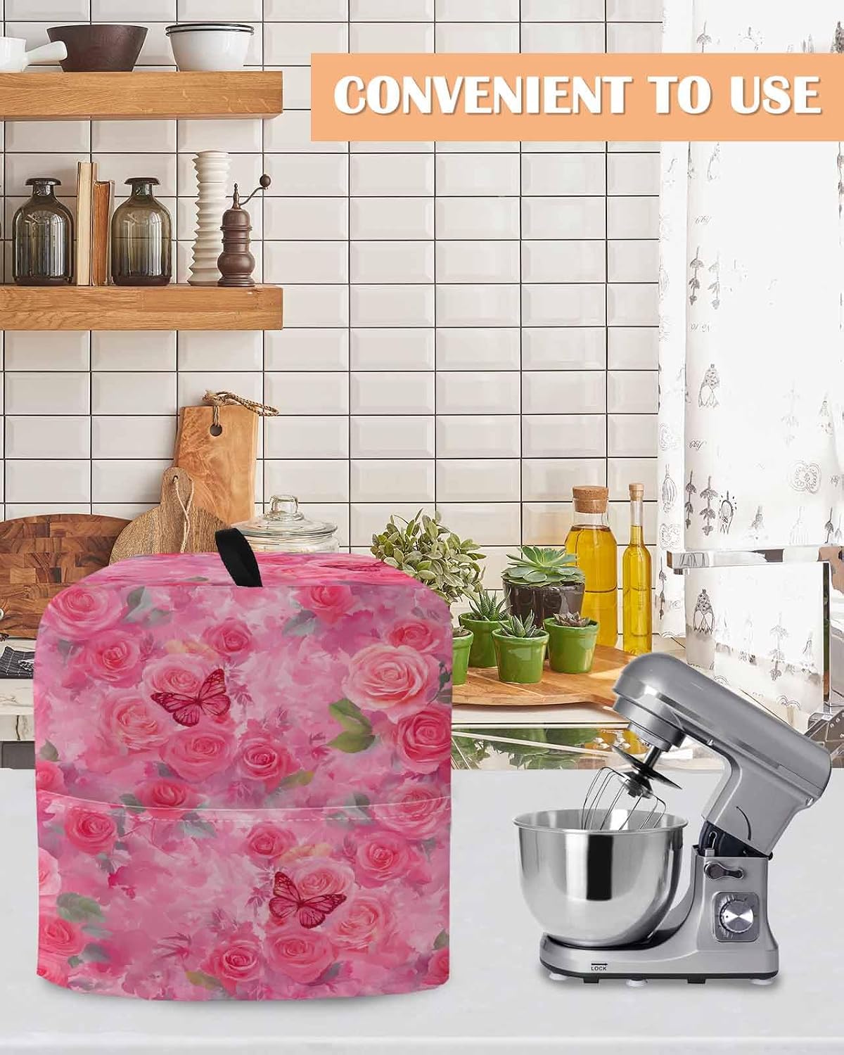 Valentine's Day Stand Mixer Cover with Storage Pocket, Waterproof Kitchen Mixer Covers, Watercolor Roses Flowers Butterfly Romance Kitchen Appliance Dust Cover Compatible with 6-9 Quart Mixers