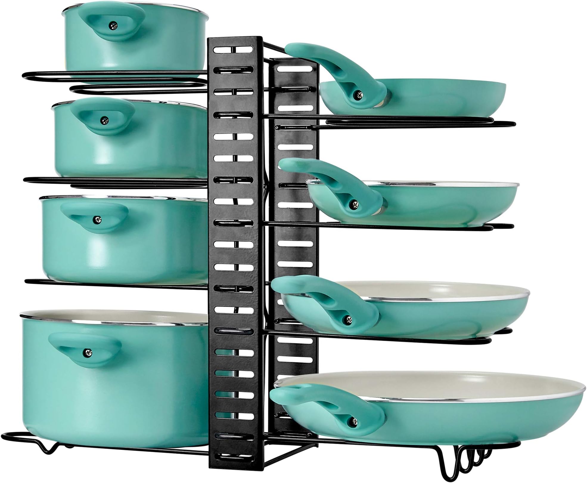 LATTI Pots and Pans Cabinet Organizer and Kitchen Storage Rack - 8 Shelf Metal Cookware Holder with Adjustable Dividers - Organization for Frying Pan, Pot Lid, Cast Iron Skillet, Baking Dish