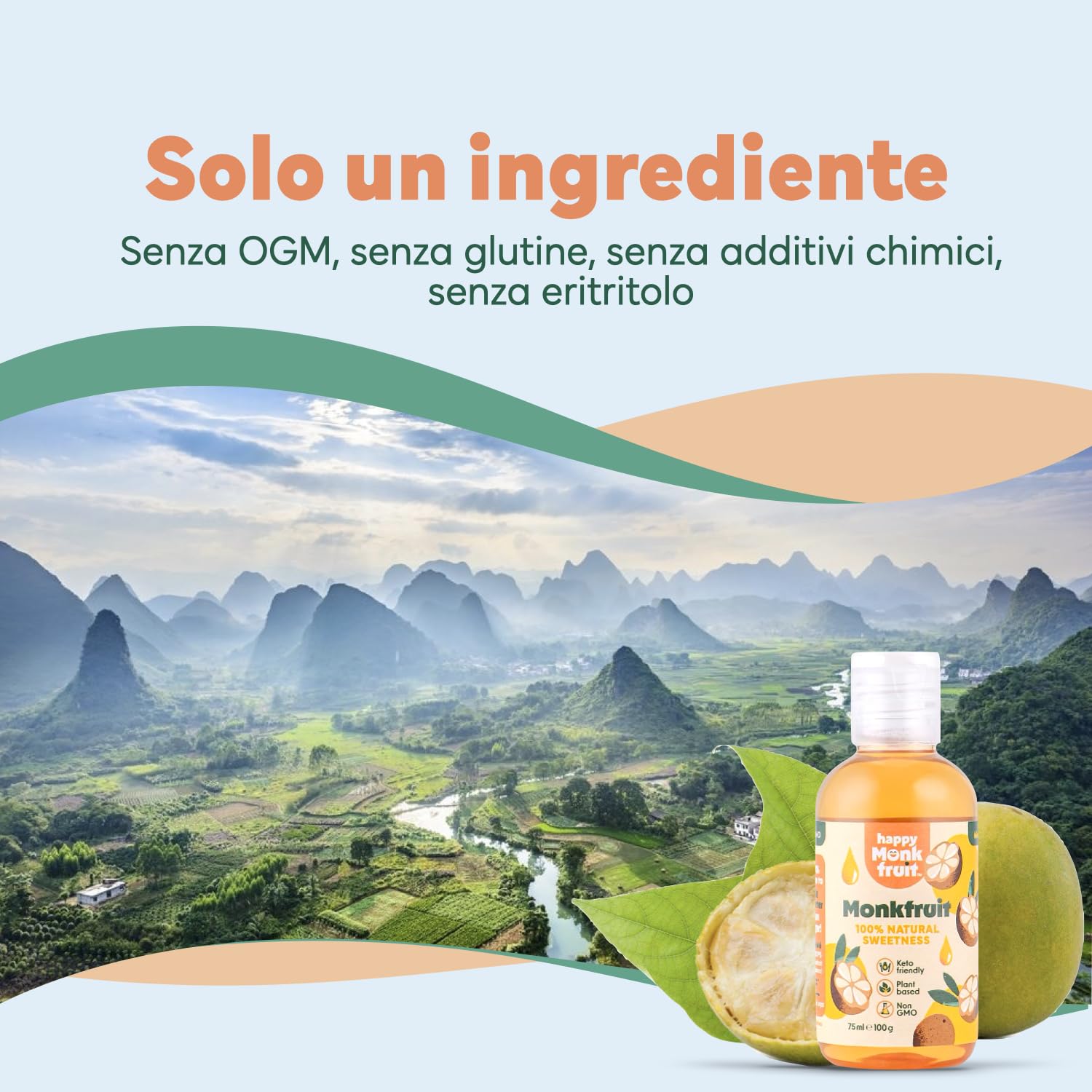 Frutto del Monaco Dolcificante 75ml Gocce, 250 Porzioni, 15x Più Dolce dello Zucchero - Monk Fruit Puro Senza Eritritolo - Sostituto dello Zucchero Naturale, Keto, Vegano | Happy Monkfruit®