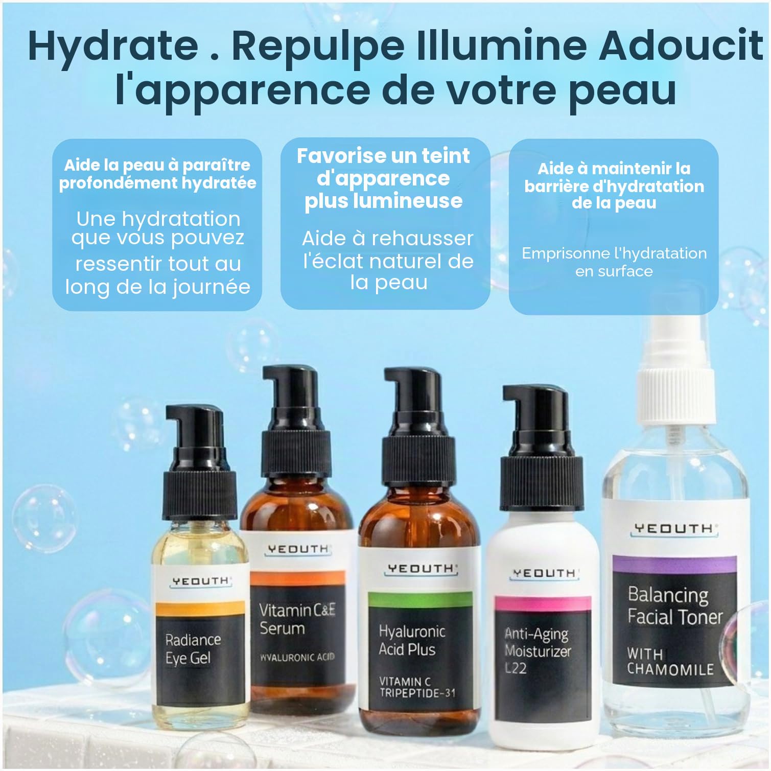 YEOUTH Coffret Cadeau Femme: Acide Hyaluronique Serum Visage, Serum Vitamine C et E, Toner Visage, Gel Contour des Yeux, Creme Hydratante, 5 - Pièces Idee Cadeau Femme