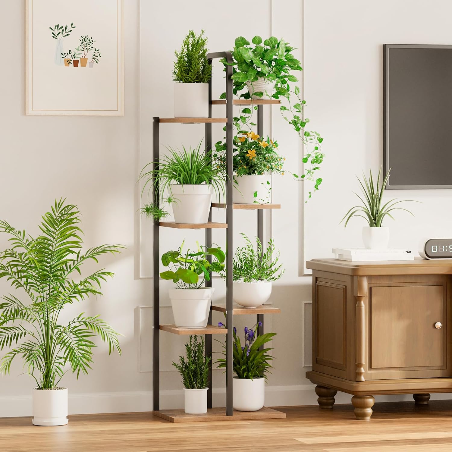 Plant Stand Indoor with Grow Lights - 50" Metal Flower Pot Stands for Multiple Plants - 7 Tiered Tall Plant Stands, Corner Plant Shelf for Living Room Home Gardening Decor (Black)
