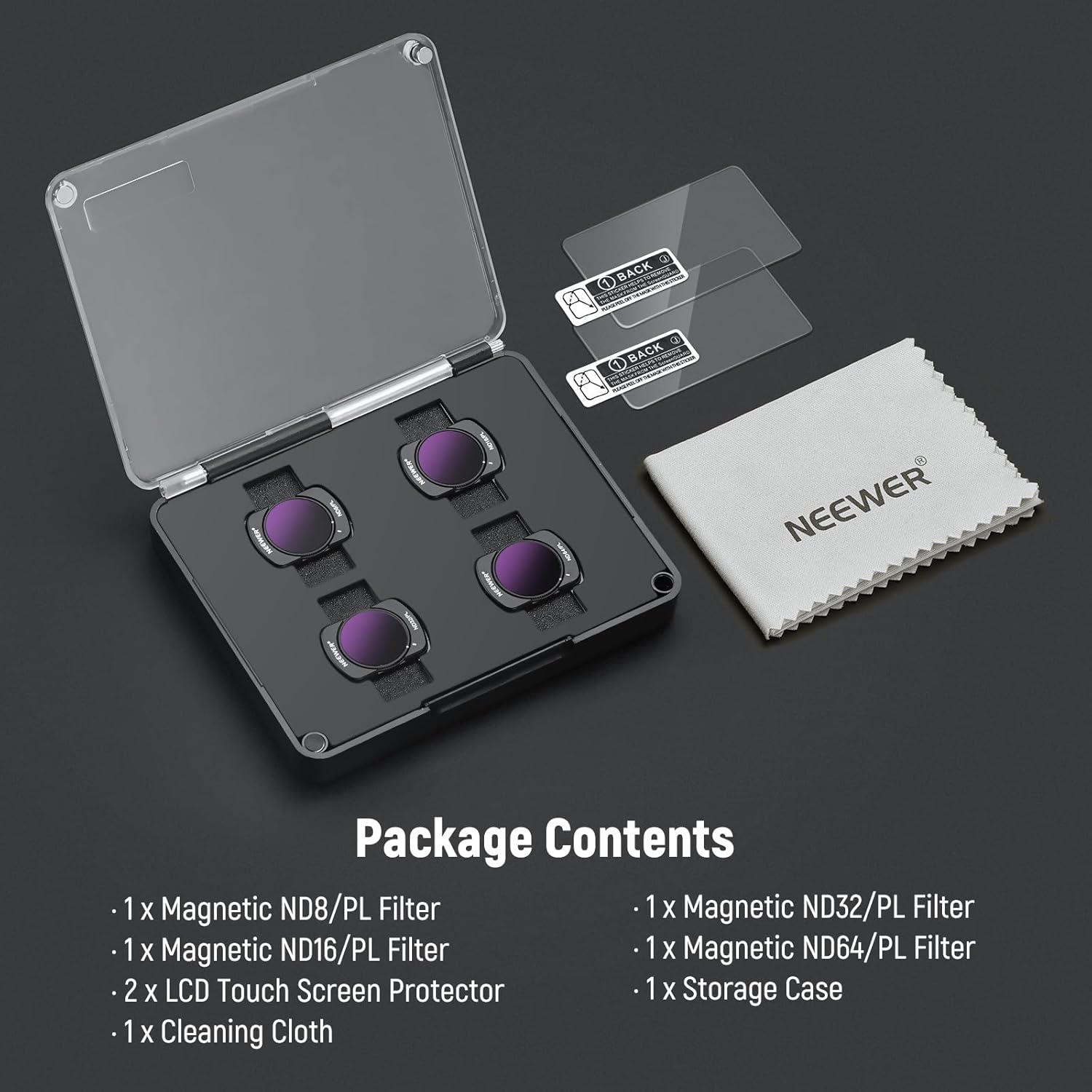 NEEWER Magnetic ND/PL Filter Set Compatible with DJI Osmo Pocket 3 Creator Combo Accessories, Action Camera 4 Pack ND8/PL ND16/PL ND32/PL ND64/PL Filters Kit with 2 LCD Touchscreen Protectors