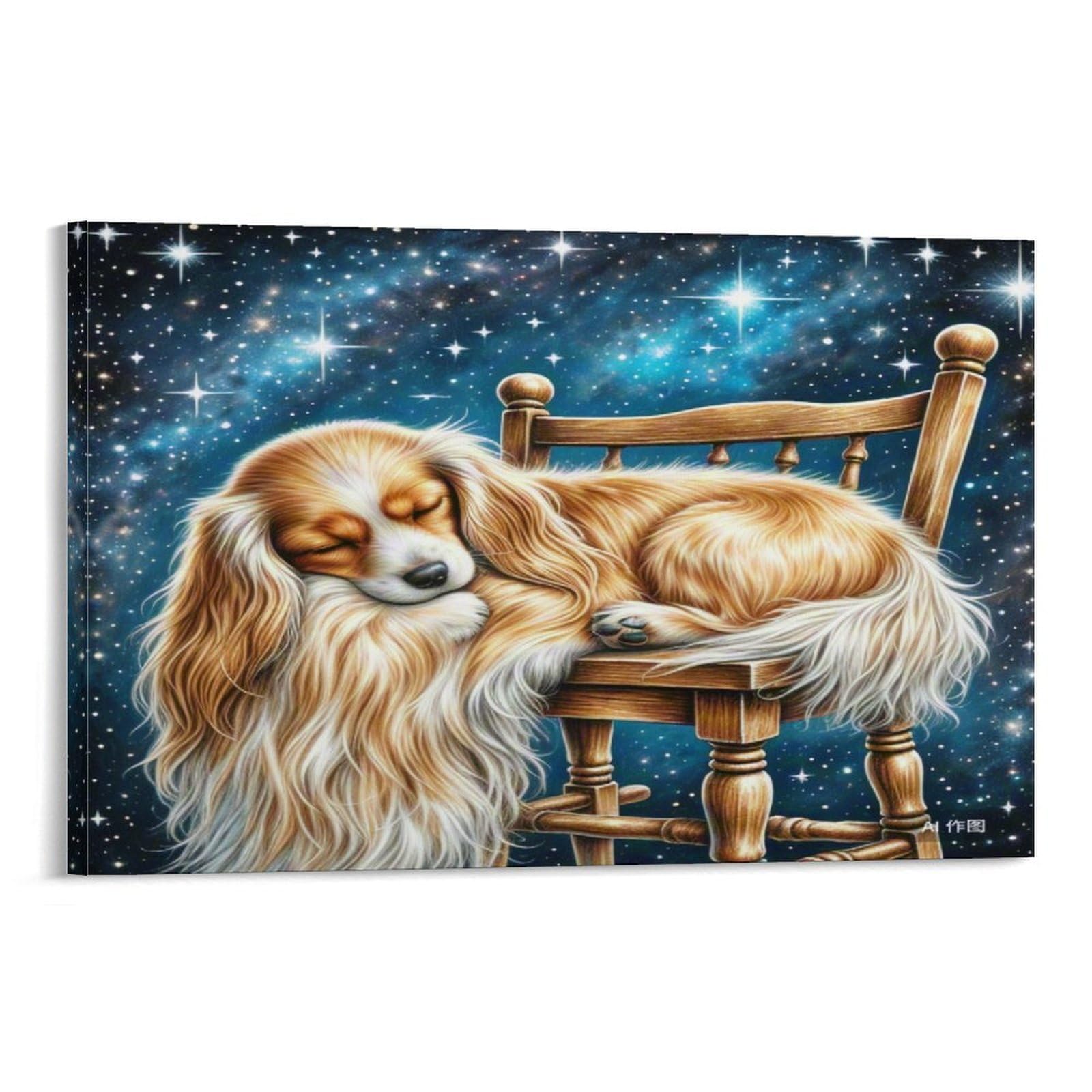 CPLVKWRQJ Sleeping Dog on Chair Under Stars Single Piece Cocker Spaniel Sleeping Chair Starry Cosmos Framed Canvas Print - Bedroom Statement Piece Easy to Clean Ready to Hang 08x12inch(20x30cm)