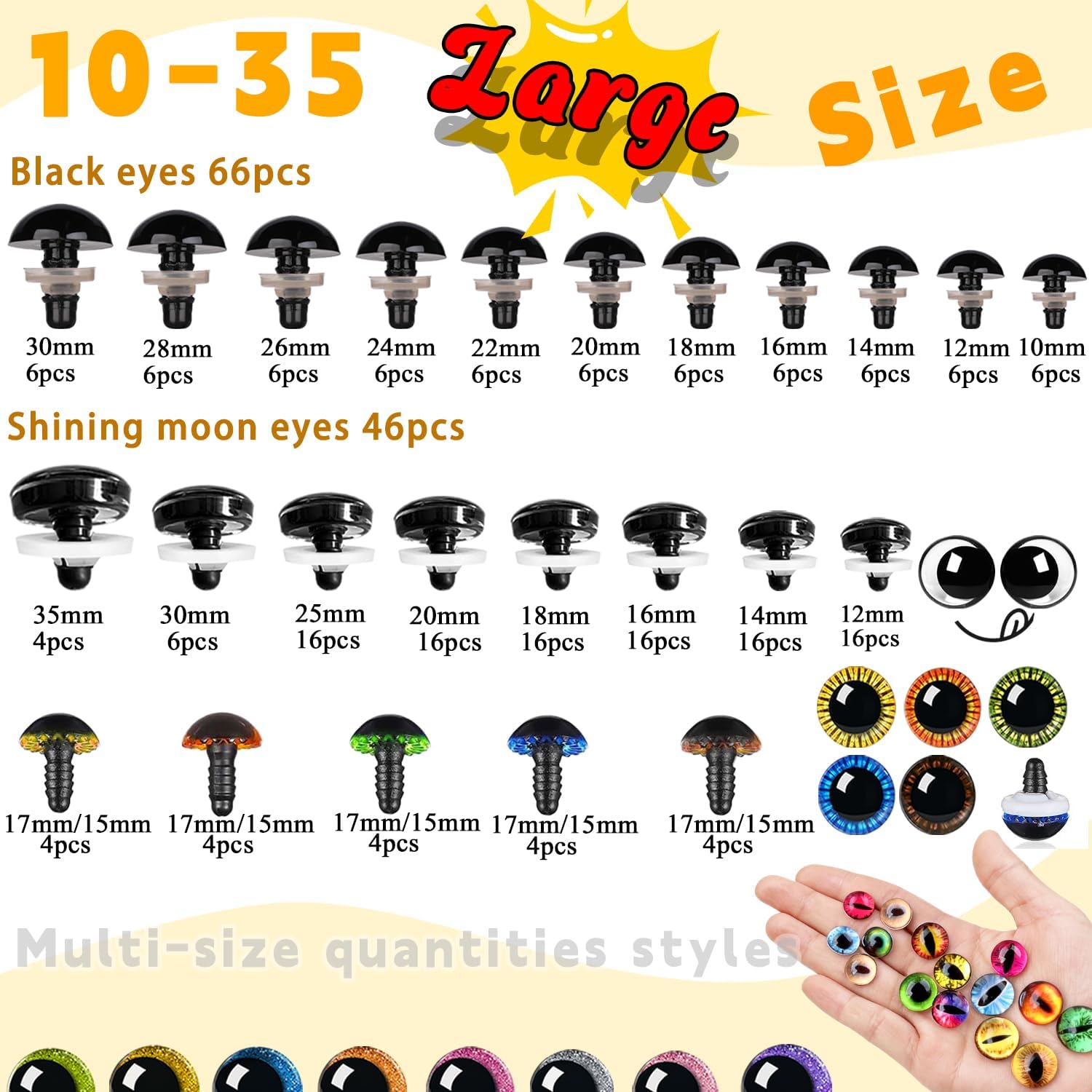 CSCHENGO 477 Pcs 4-Style 10-35mm Amigurumi Eyes & Noses Kit - Glitter Craft Eyes, Black Safety Eyes, 3D Dome Dragon Eyes, Plastic Crochet Eyes with Glasses, Tags, Pendants