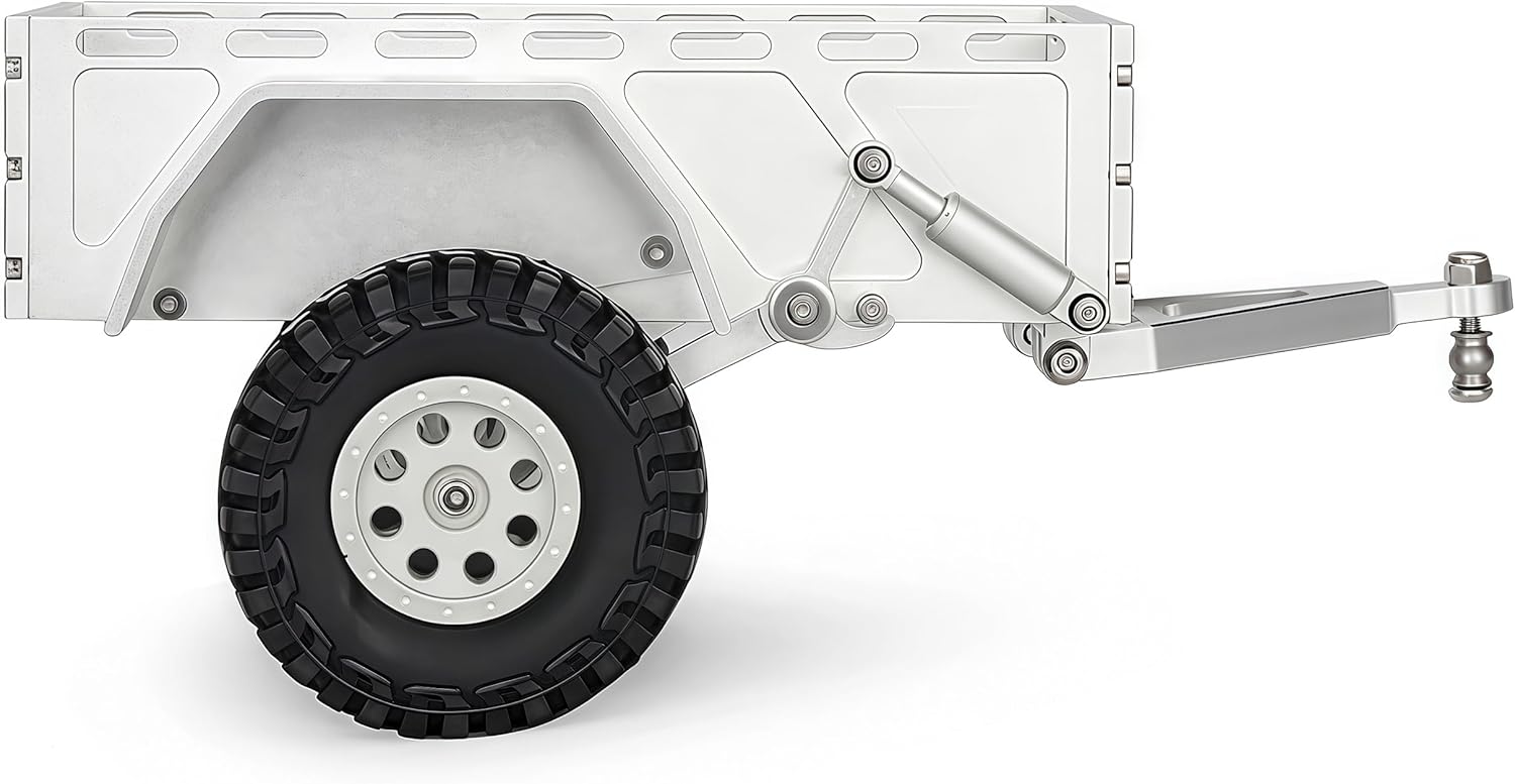 AMK Aluminum 1/18 1/24 RC Trailer, CNC Machined RC Utility Trailer with Ball Head Hitch, 1/18 1/24 Scale RC Crawler Trailer for TRX4M SCX24 Redcat Ascent-18 with Wheels & Suspension (Silver)
