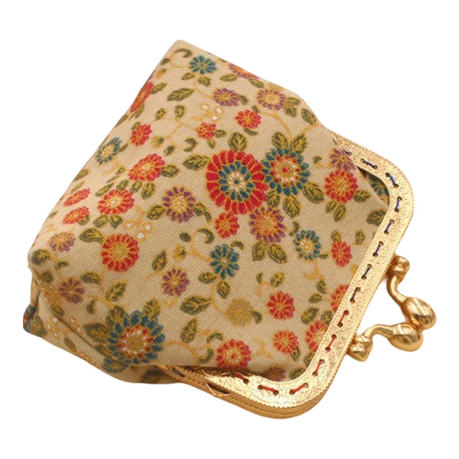 floral buckle coin purse vintage style kiss lock change holder beige