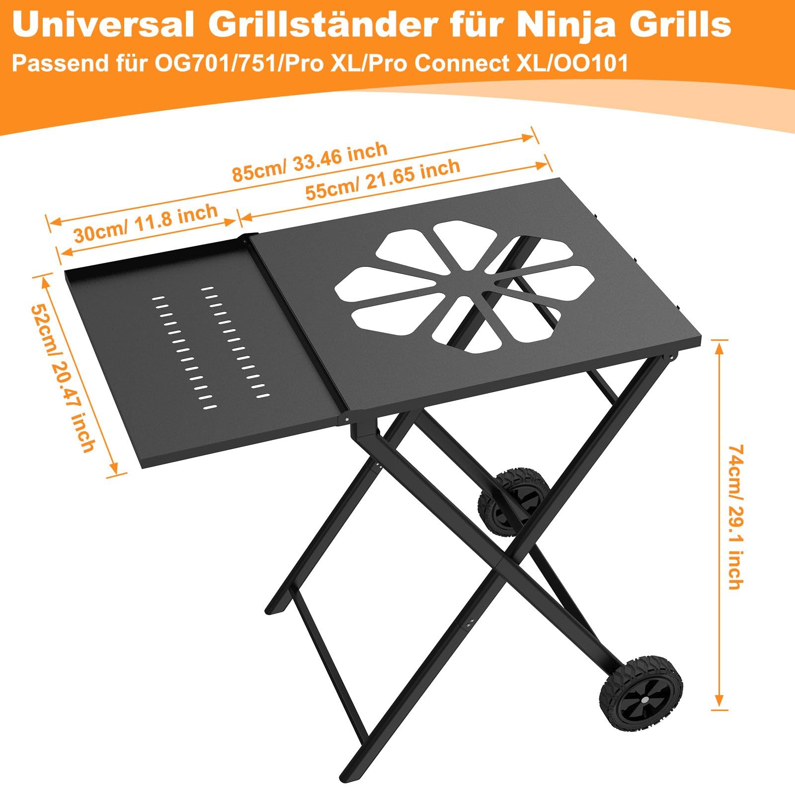 Support de Barbecue Pliable pour Ninja Woodfire OG701/OG850/OG951, Chariot Plancha Extérieur Universel avec Table Latérale et Crochets, Noir
