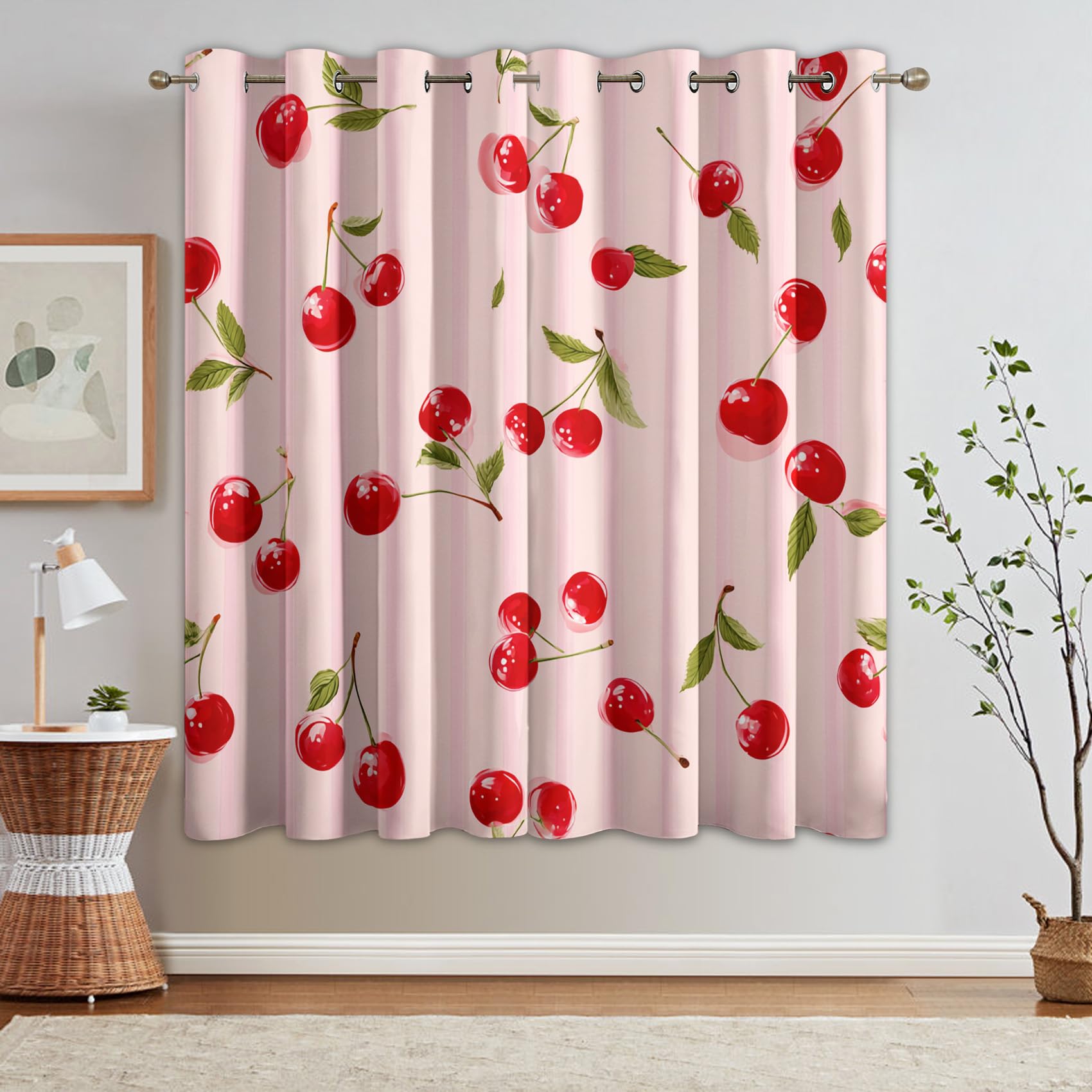 Générique Rideau Occultant Cerise Rouge, 140 x 220 (LxH) 2 Pieces, Opaque 95%, Motif Fruit, Rideaux Fenetre Thermiques à Oeillets, Decoration Maison Salon Chambre CMC262