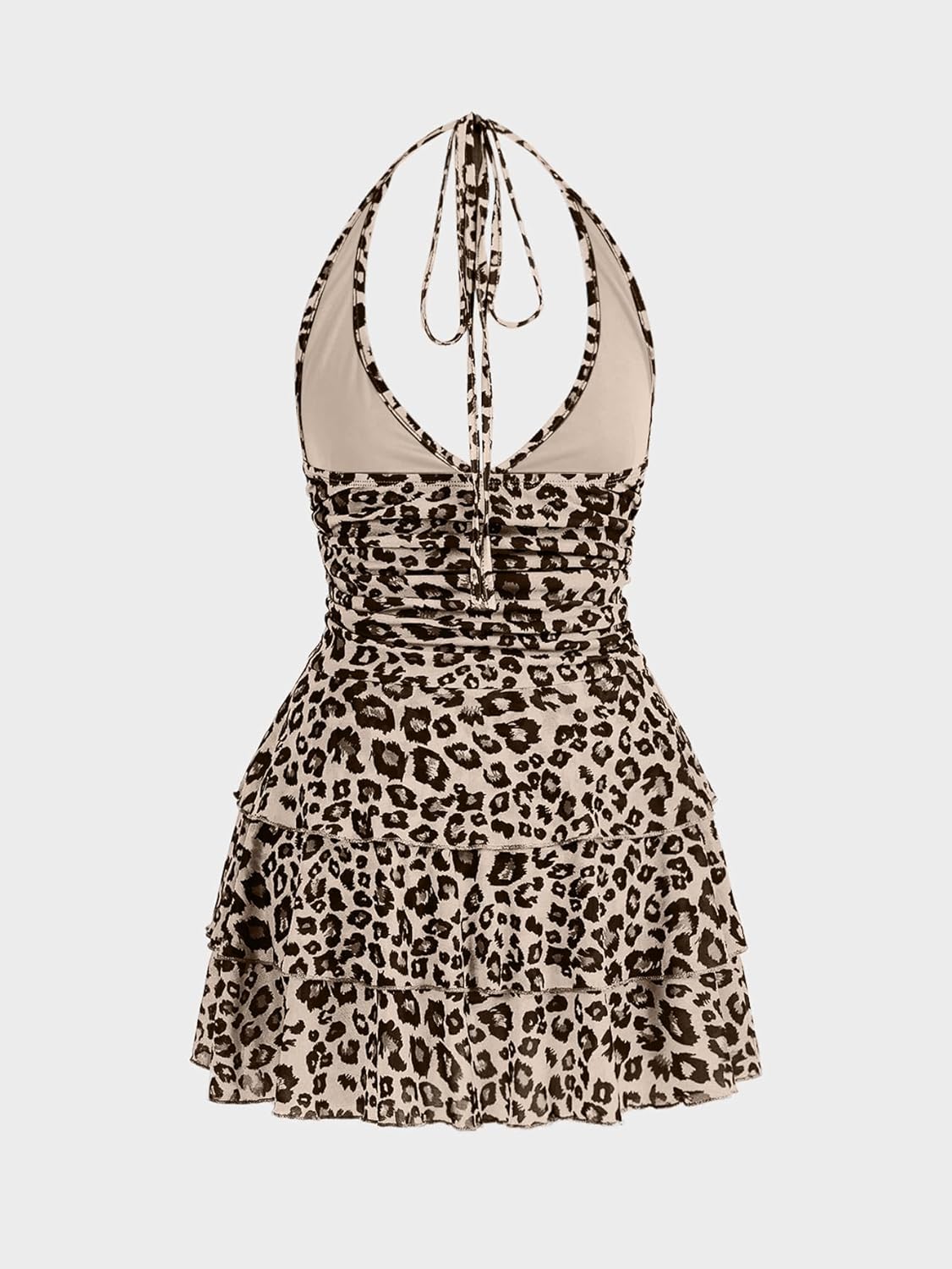 BEAUDRM Women's Y2K Leopard Print Halter Dress Sexy Ruched Tie Backless Tiered Layer Mini Dresses Cheetah Mesh Ruffle Dress