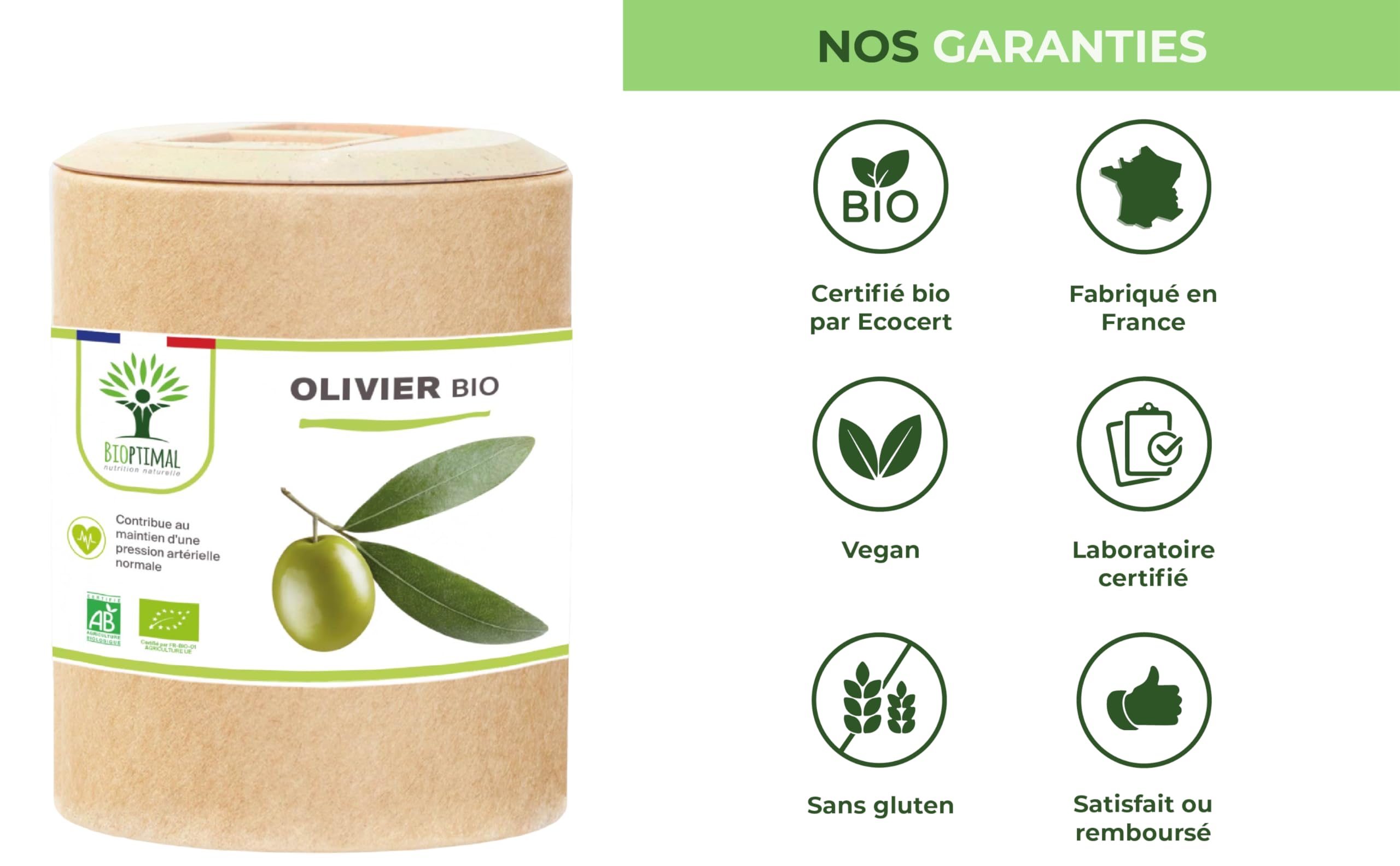 Olivier bio - Bioptimal - Complément alimentaire - Circulation Sanguine Tension Cardio - Feuille d'olivier en Poudre - 700mg par jour - Fabriqué en France - Certifié par Ecocert - 200 gélules