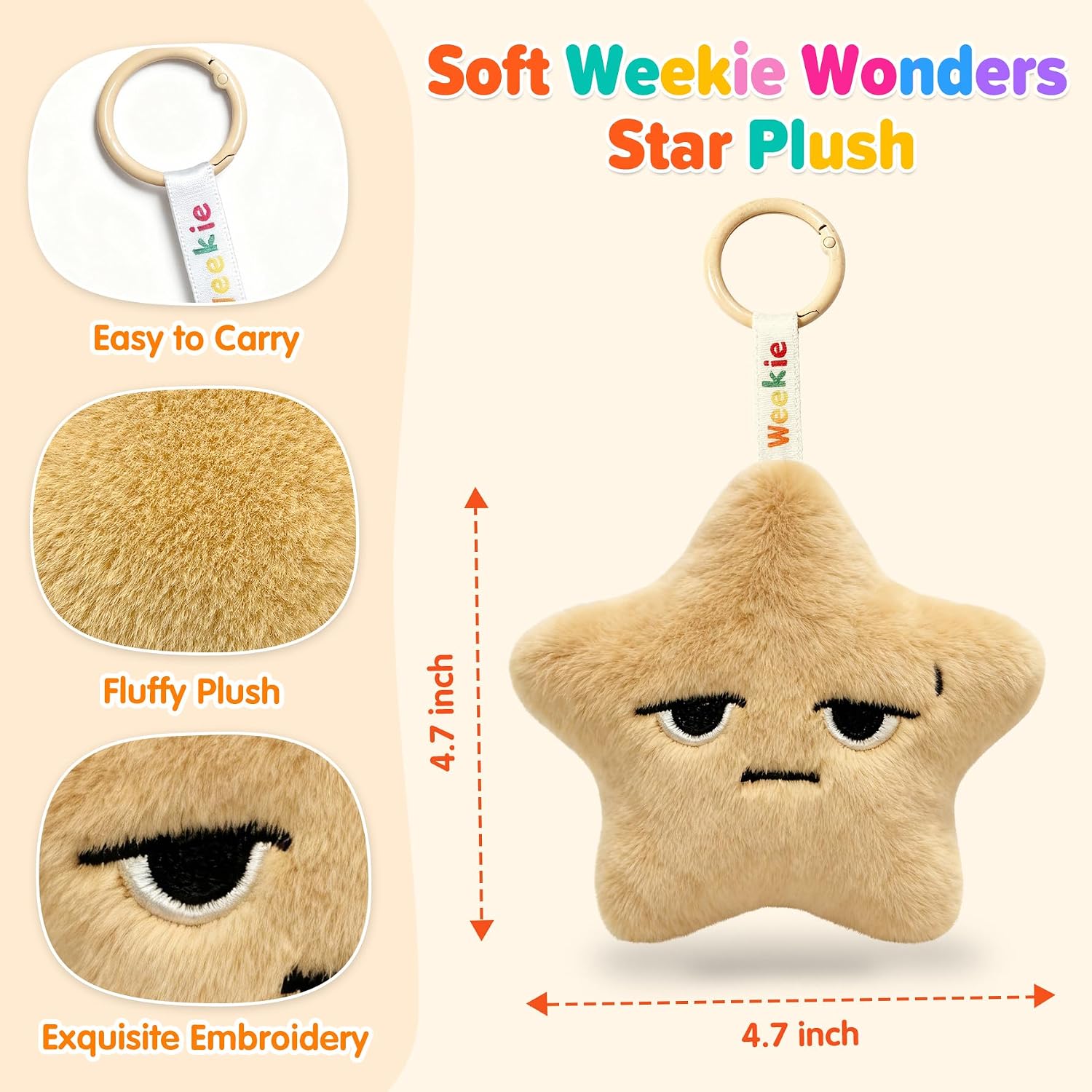 Ausener Weekie Wonders Emotional Star Plush Supports Sad Bag Charm, Gifts for Adults, Soft Short Faux Fur, Small Stuffed Animals, Woven Strap and Metal Round Clip (WED, Star) image 5