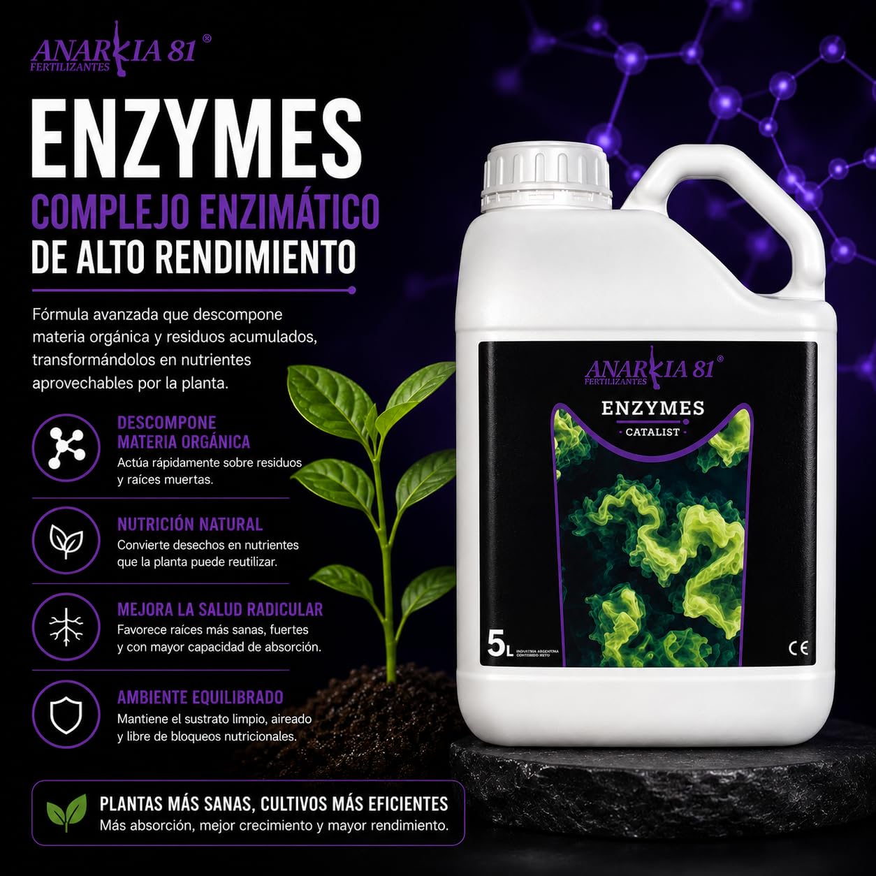 ENZYMES 5 L – Complejo Enzimático para Plantas Limpieza de Sustrato Elimina Sales y Raíces Muertas Mejora Absorción y Salud Radicular en Cultivo Interior y Exterior - Anarkia81