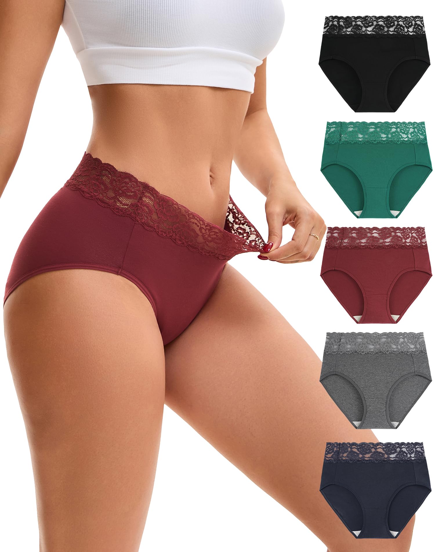 INNERSY Slip Damen Spitze Unterhosen Hohe Taille Unterwäsche Baumwolle Schlüpfer Slips Mehrpack 5 (XL, Dunkle Mehrfarbig)