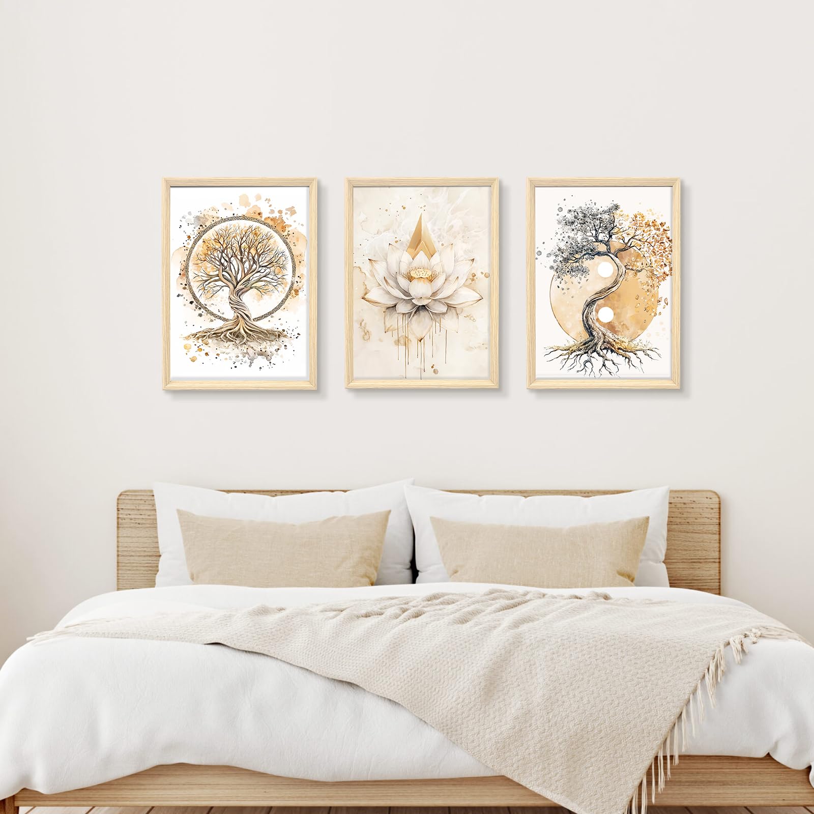 3 Pcs Wooden Framed Canvas Wall Art Set Bohemian Sage Green Canvas Prints Poster Geometric Line Beige Green Pictures for Living Room Bedroom Dinning Room Hallway Stairs Wall Decor 30x40cm x3pcs — view 225