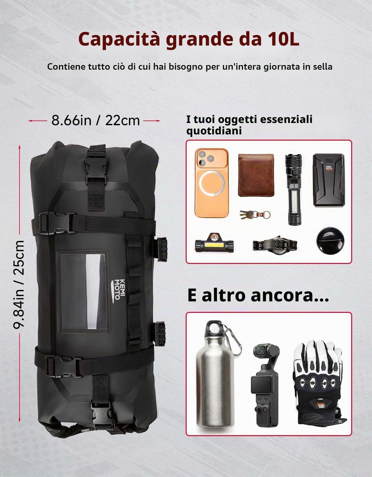 KEMIMOTO Borsa da Manubrio Bici 10L, Borsa Anteriore per Bicicletta Impermeabile in PVC 300D con Cinghie Antiscivolo per MTB, Bici da Corsa, Gravel, E-Bike
