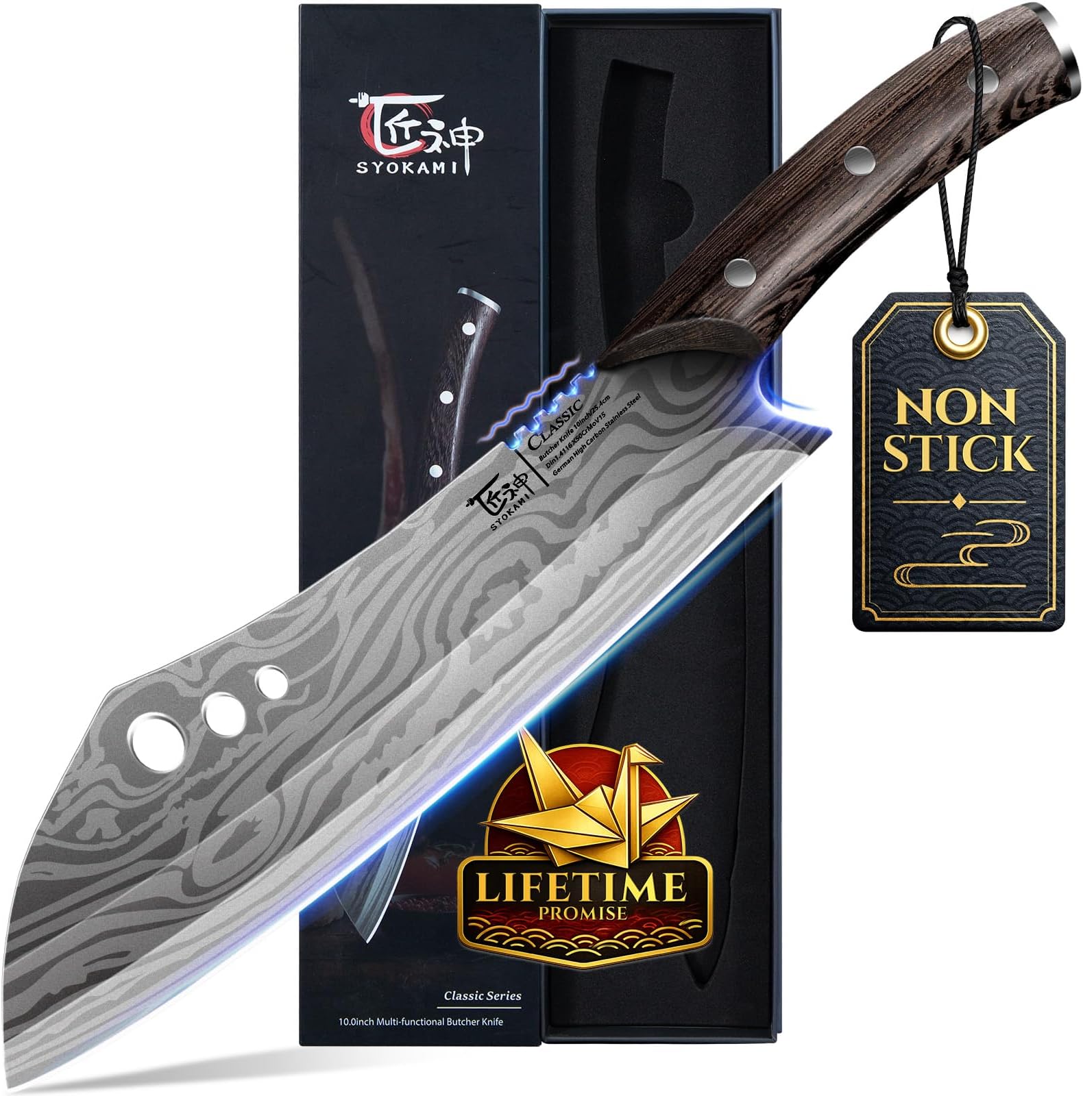 Butcher Knife, 10 Inch Meat Cleaver Chef Knife with Herb Stripper, Japanese Style High Carbon Steel Kitchen Knife for Chopping & Slicing, Damascus Pattern Full Tang Wood Handle Ideal for Gift