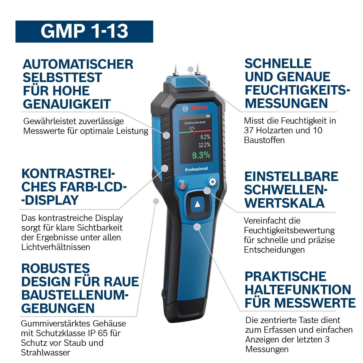 Bosch Professional Pin-Feuchtemessgerät GMP 1-13 (misst 37 Holzarten und 10 Baustoffe, Schutzklasse IP 65, kontrastreiches LCD-Display, 2x AA-Batterie, Tasche)