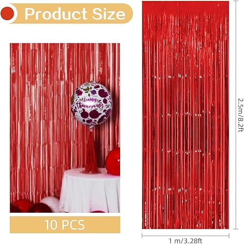 Miniatura 3 de Paquete de 10 cortinas de fondo rojo de 3.2 x 8.2 pies de papel de oropel metálico, cortinas de flecos de papel de aluminio de oropel para