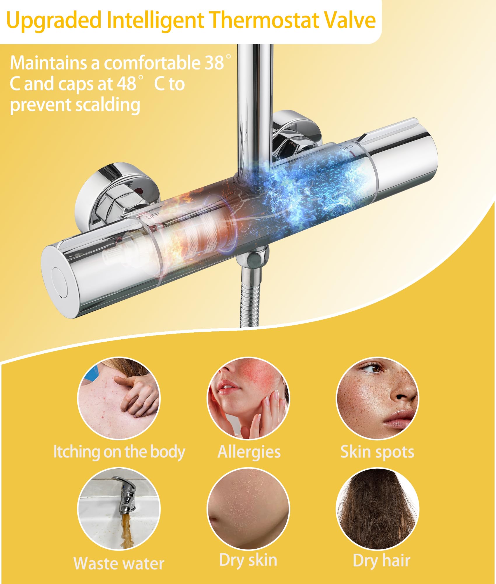 Duschsystem mit Thermostat,Duscharmatur Komplettset mit 3 Strahlarten Handbrause, Duschset Quadratisch Regendusche Duschkopf 88-125cm Duschstange Regendusche mit Armatur 30X20cm Uberkopfbrause(Chrom)