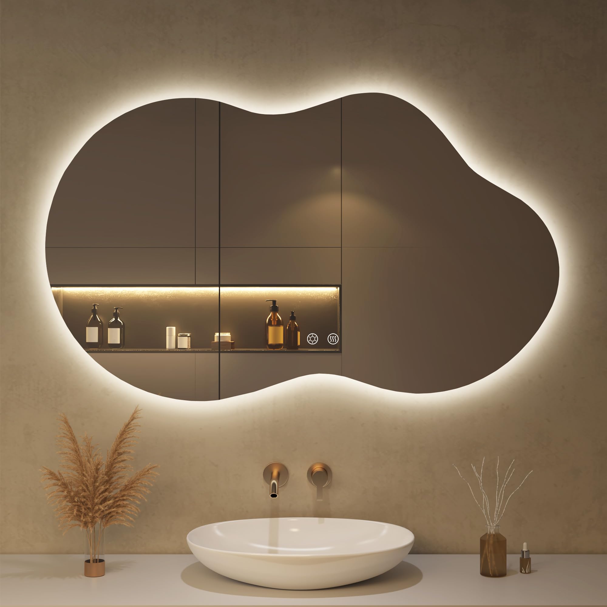 Badspiegel mit Beleuchtung Asymmetrischer LED Badspiegel 100 x 60 cm mit Touch-Schalter, Dimmbar 3 Lichtfarbe Einstellbare, Beschlagfrei Badezimmerspiegel mit Beleuchtung, Bruchsicher